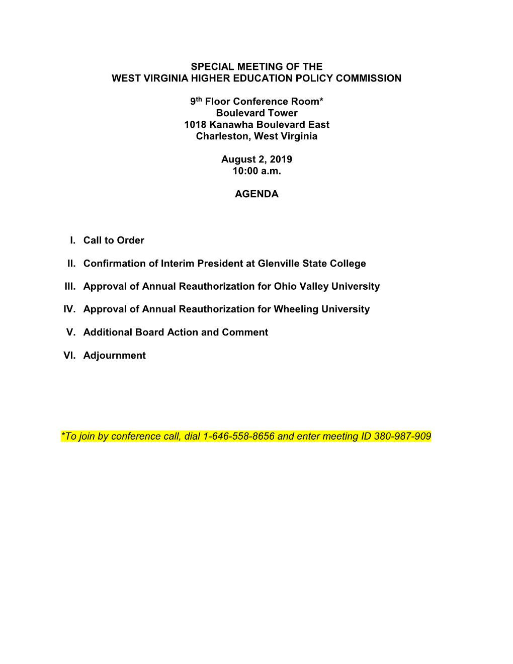 Special Meeting of the West Virginia Higher Education Policy Commission