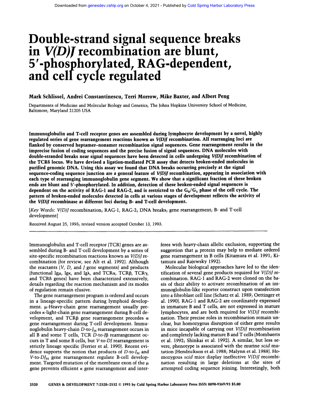 Double-Strand Signal Sequence Breaks in V(D)J Recombination Are Blunt, 5'-Phosphorylated, RAG-Dependent, and Cell Cycle Regulated