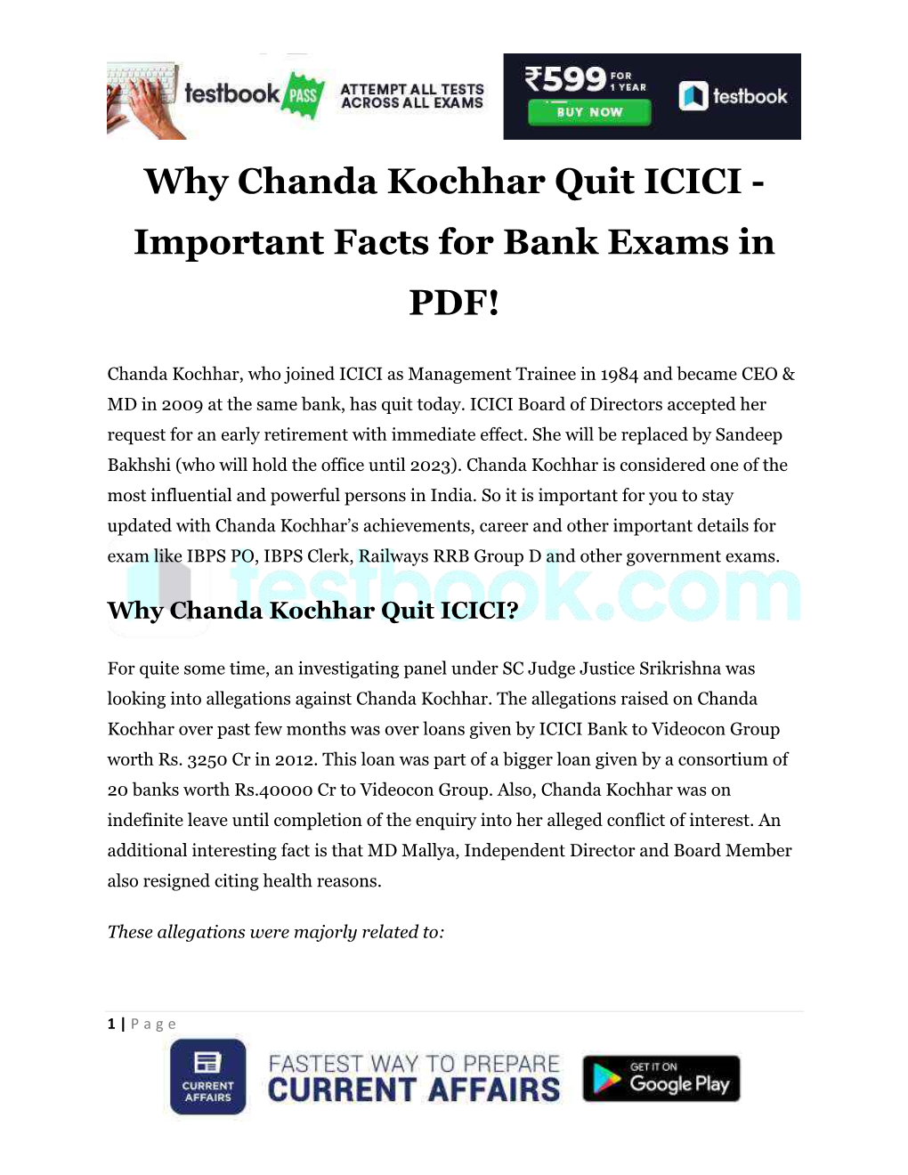 Why Chanda Kochhar Quit ICICI - Important Facts for Bank Exams in PDF!