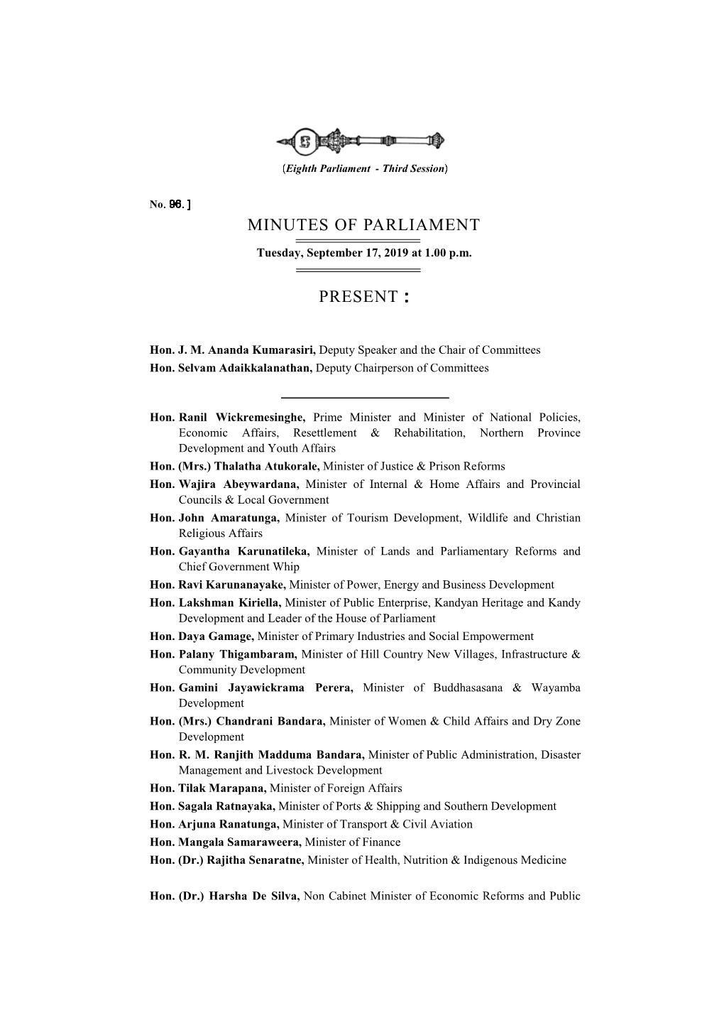 Minutes of Parliament for 17.09.2019