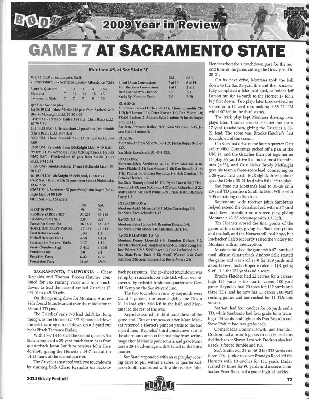 GAME 7 at SACRAMENTO STATE Henderschott for a Touchdown Pass for the Sec­ Montana 45, at Sac State 30 Ond Time in the Game, Cutting the Grizzly Lead to 28-21