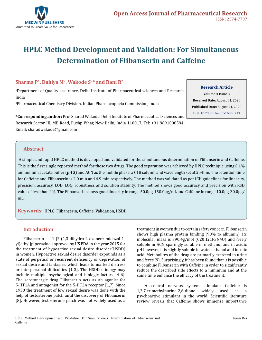 HPLC Method Development and Validation: for Simultaneous Determination of Flibanserin and Caffeine