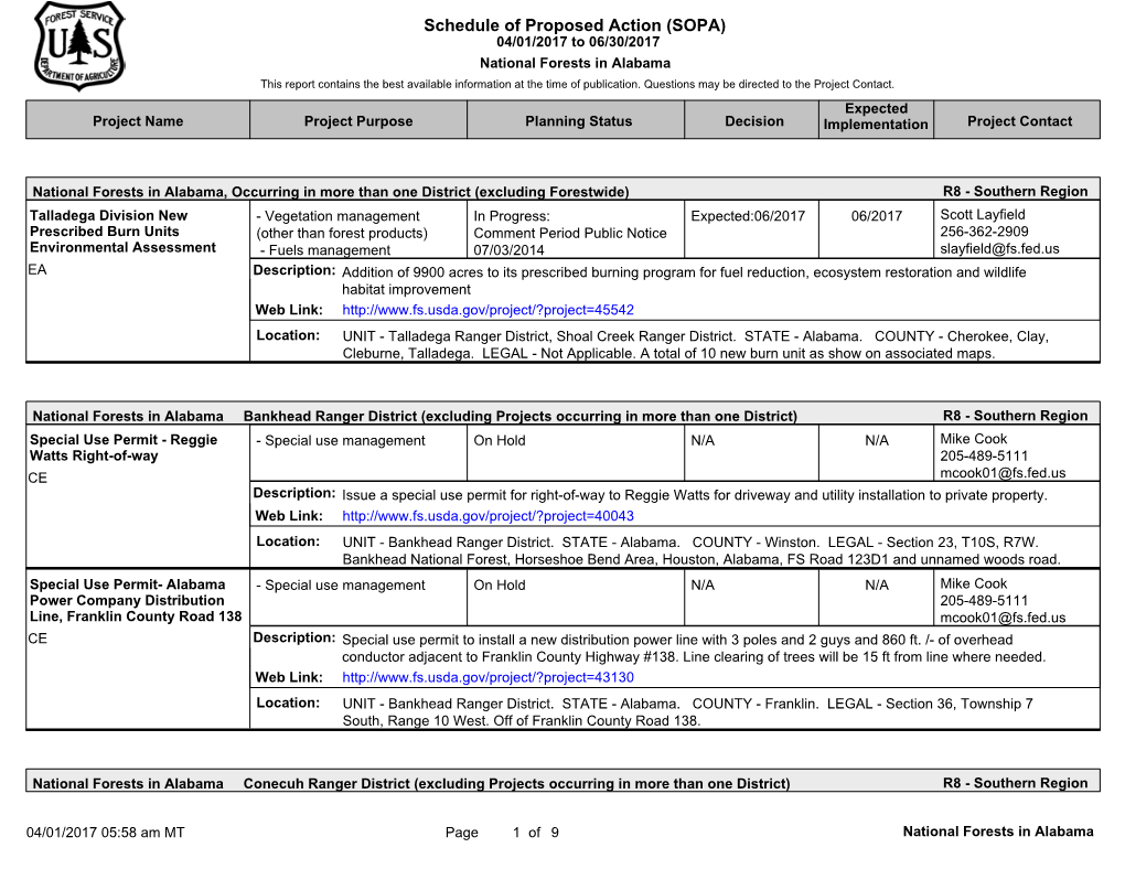 Schedule of Proposed Action (SOPA) 04/01/2017 to 06/30/2017 National Forests in Alabama This Report Contains the Best Available Information at the Time of Publication