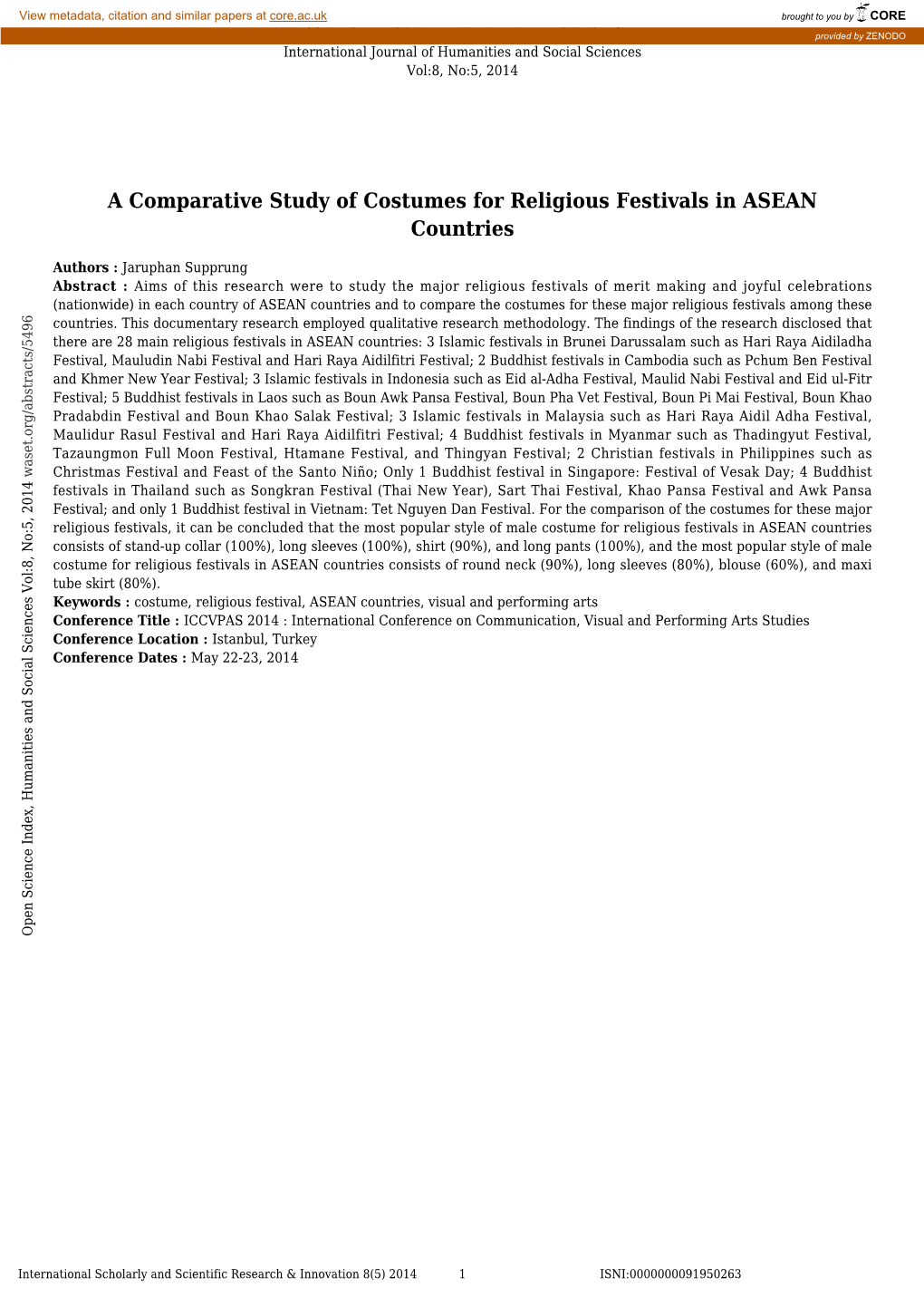 A Comparative Study of Costumes for Religious Festivals in ASEAN Countries