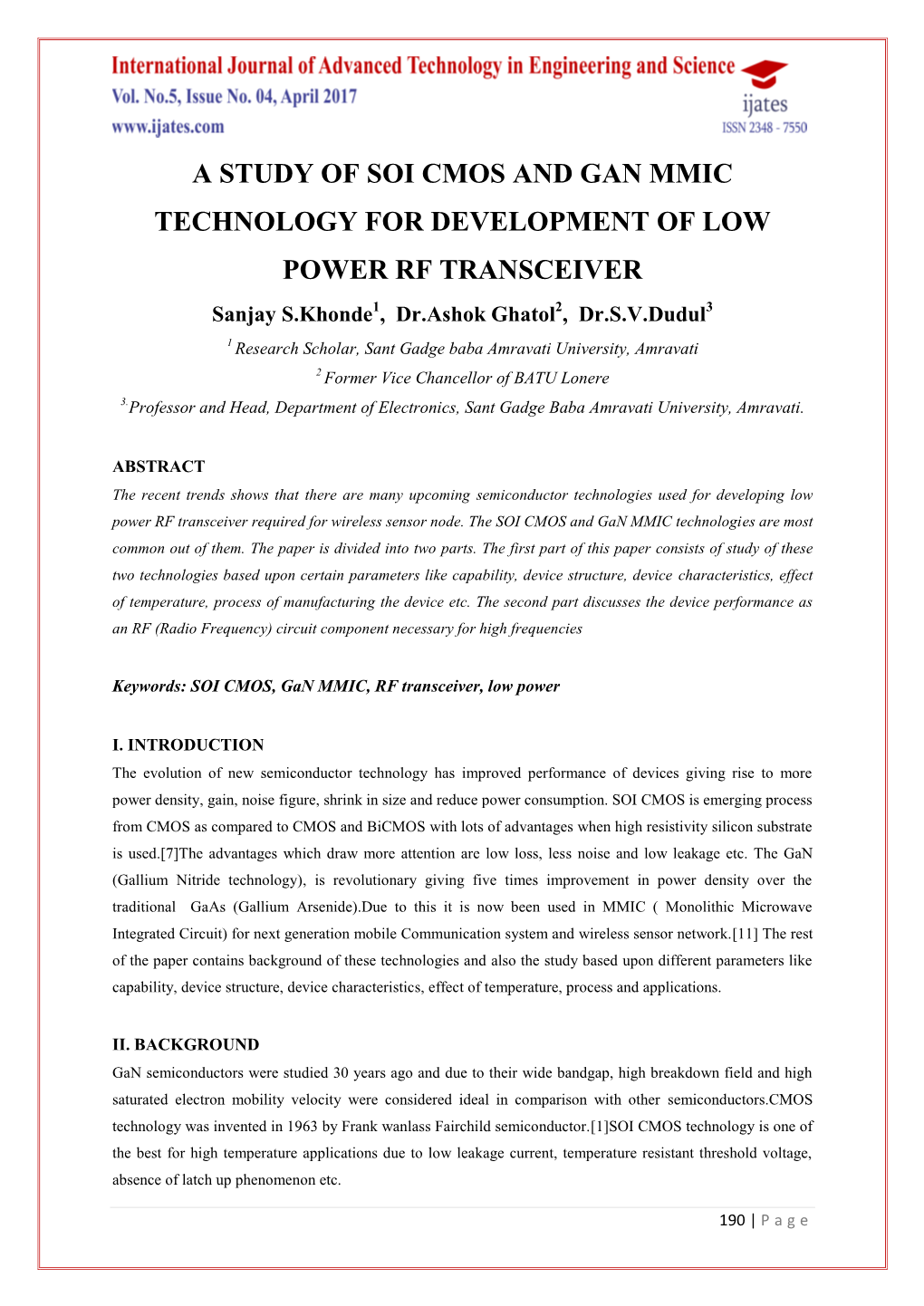 A Study of Soi Cmos and Gan Mmic Technology for Development of Low Power Rf Transceiver