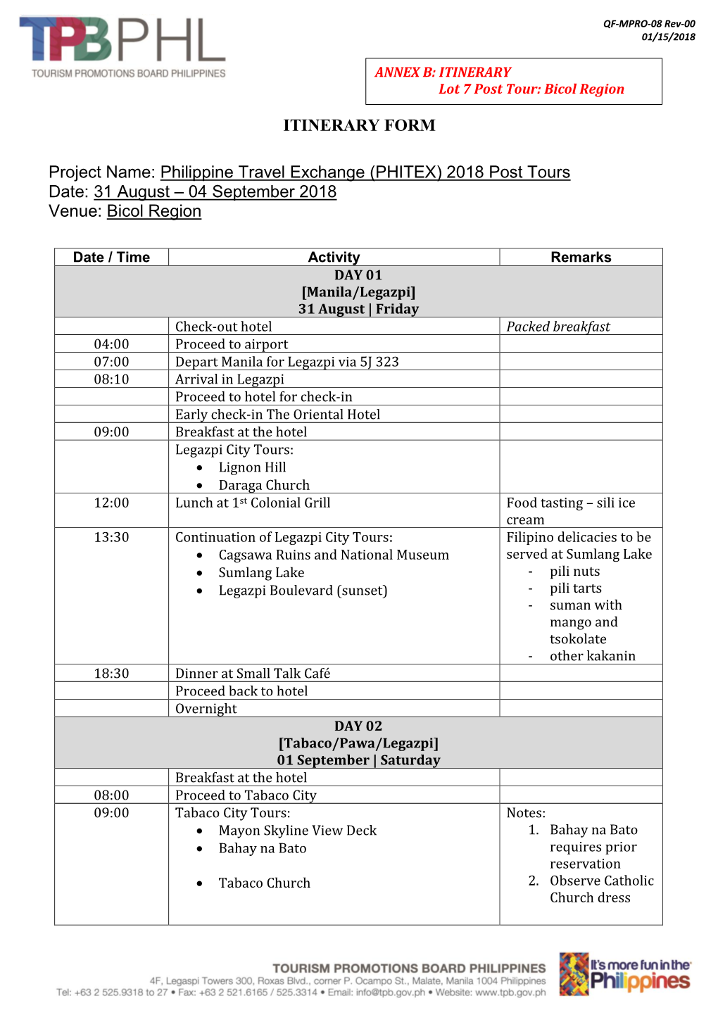 ITB2018-013 Annex B Lot7 PHITEX Post Tour Bicol Region