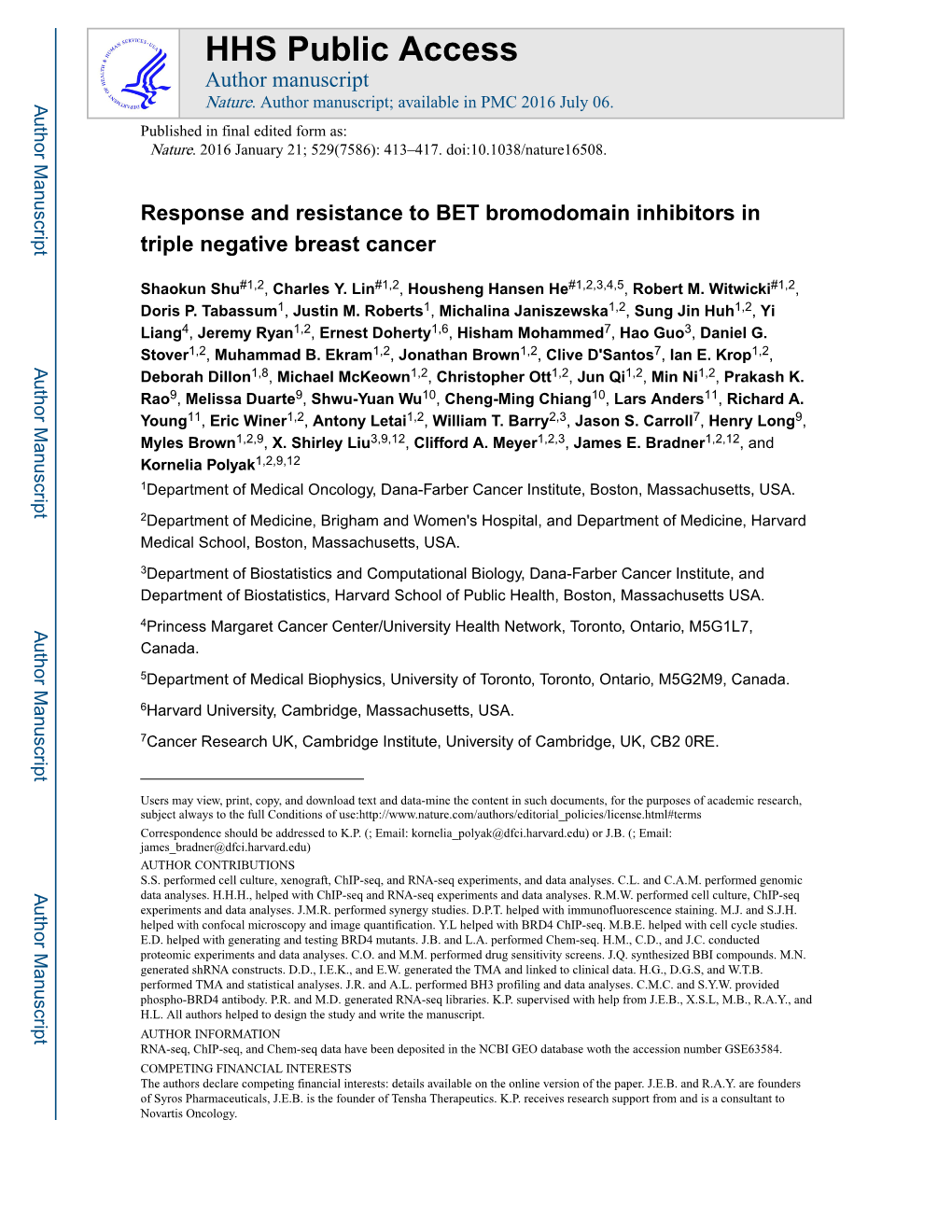 Response and Resistance to BET Bromodomain Inhibitors in Triple Negative Breast Cancer