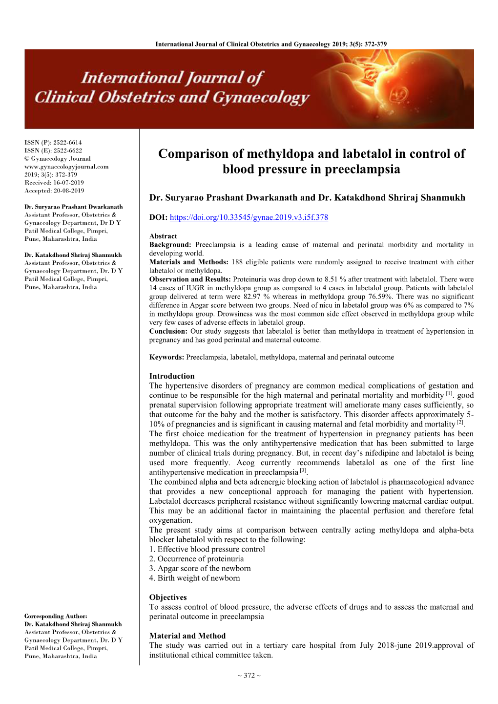 Comparison of Methyldopa and Labetalol in Control of Blood