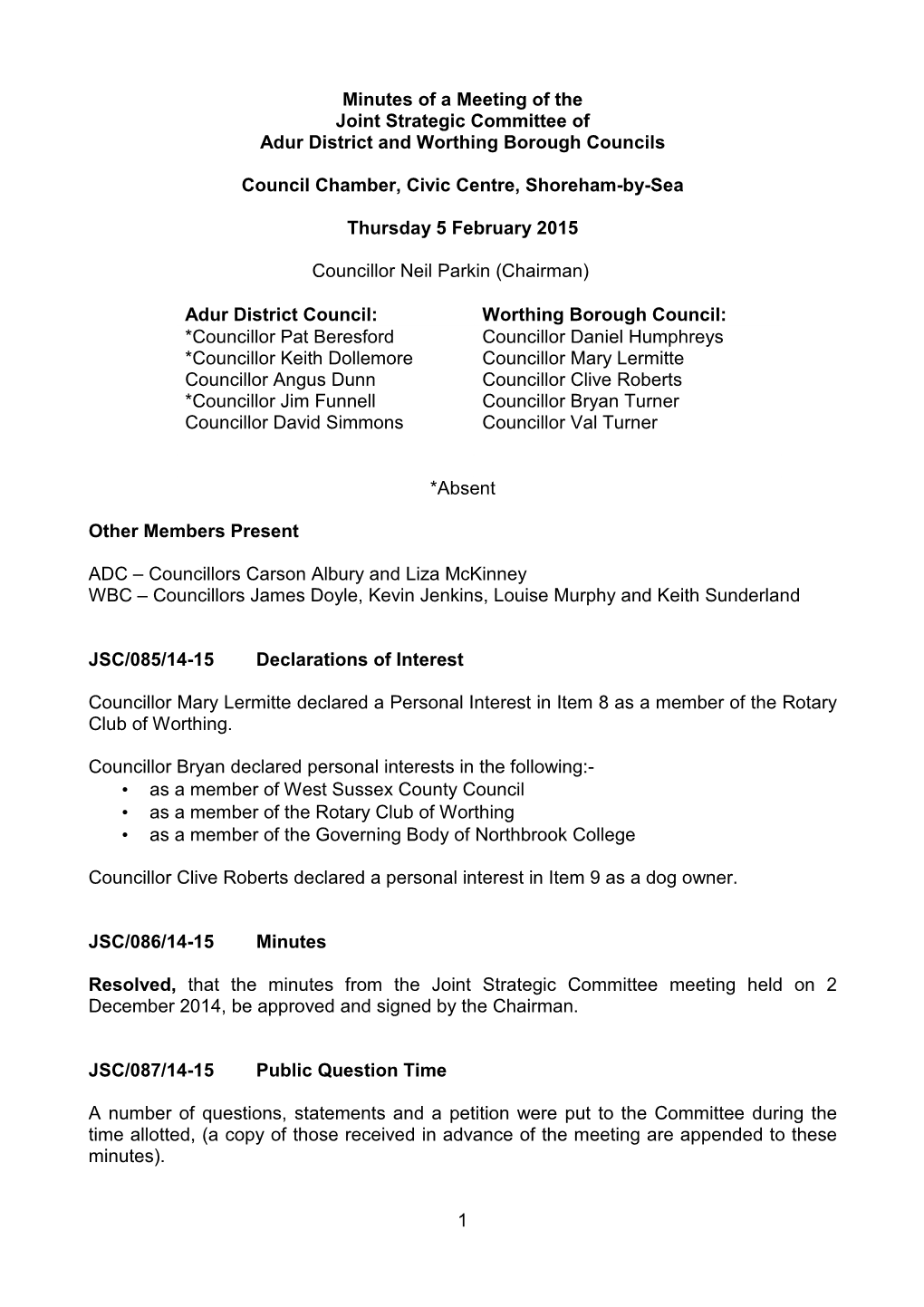 Joint Strategic Committee 05 February 2015