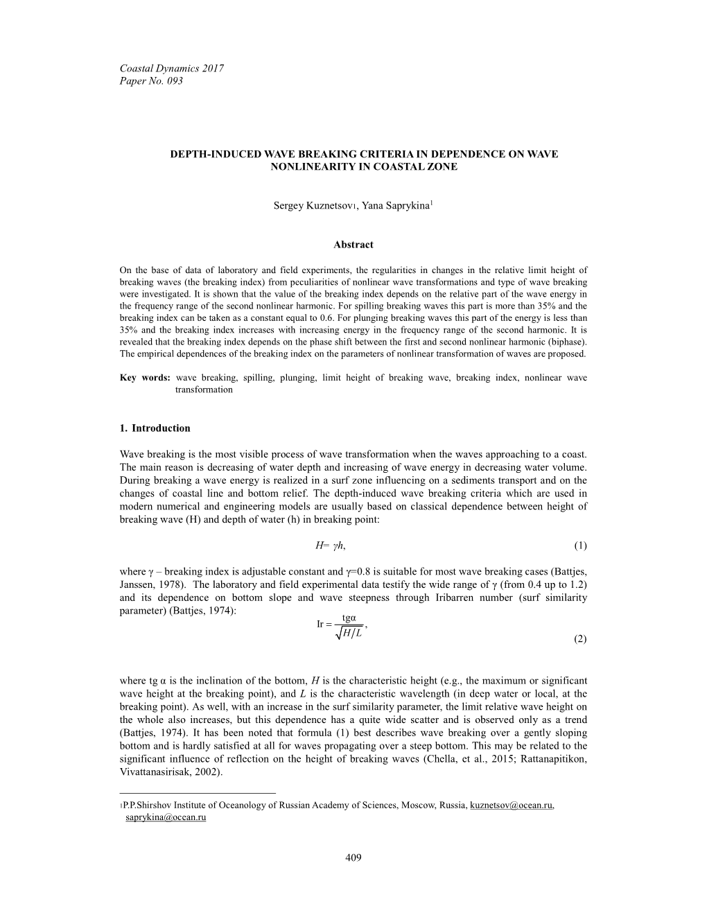 Coastal Dynamics 2017 Paper No. 093 409 DEPTH-INDUCED WAVE