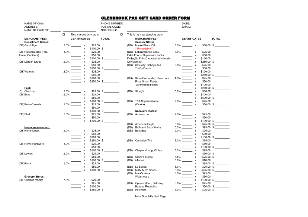 Glenbrook Pac Gift Card Order Form