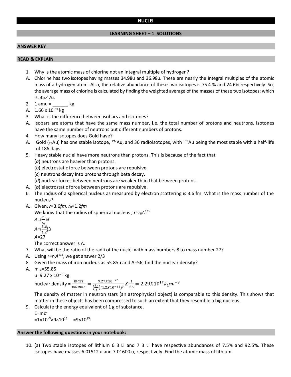 NUCLEI LEARNING SHEET – 1 SOLUTIONS ANSWER KEY READ & EXPLAIN 1. Why Is the Atomic Mass of Chlorine Not an Integral Multi