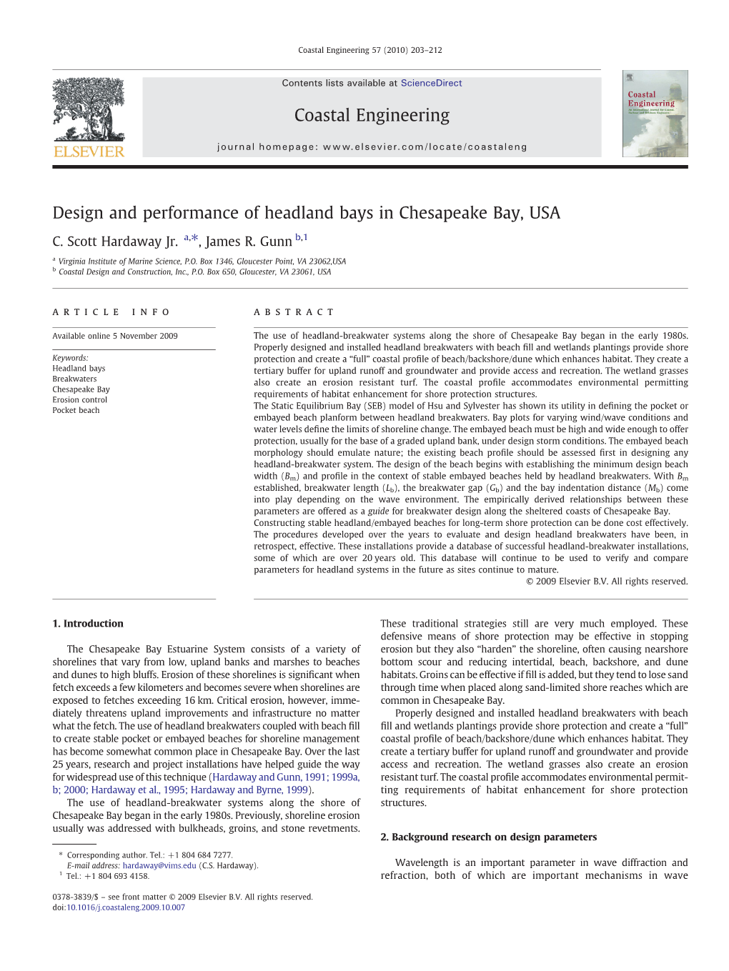 Design and Performance of Headland Bays in Chesapeake Bay, USA