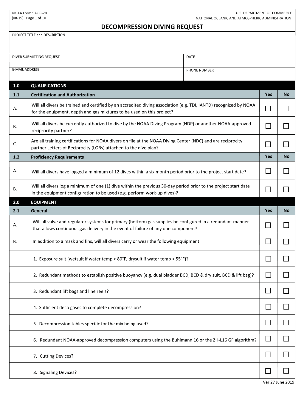 DECOMPRESSION DIVING REQUEST PROJECT TITLE and DESCRIPTION