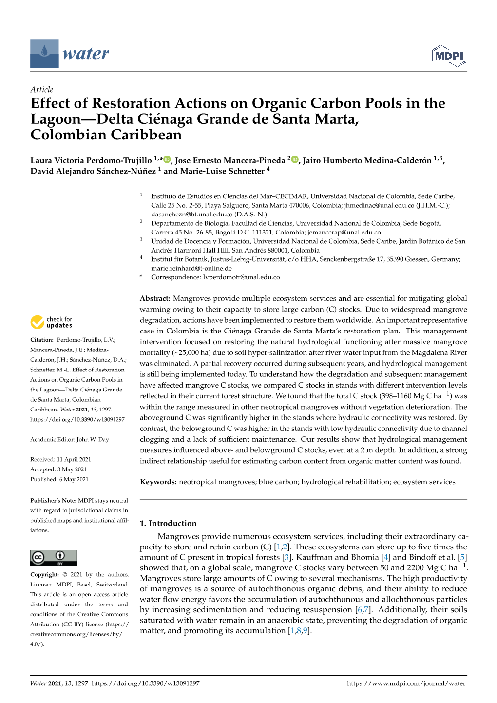 Effect of Restoration Actions on Organic Carbon Pools in the Lagoon—Delta Ciénaga Grande De Santa Marta, Colombian Caribbean