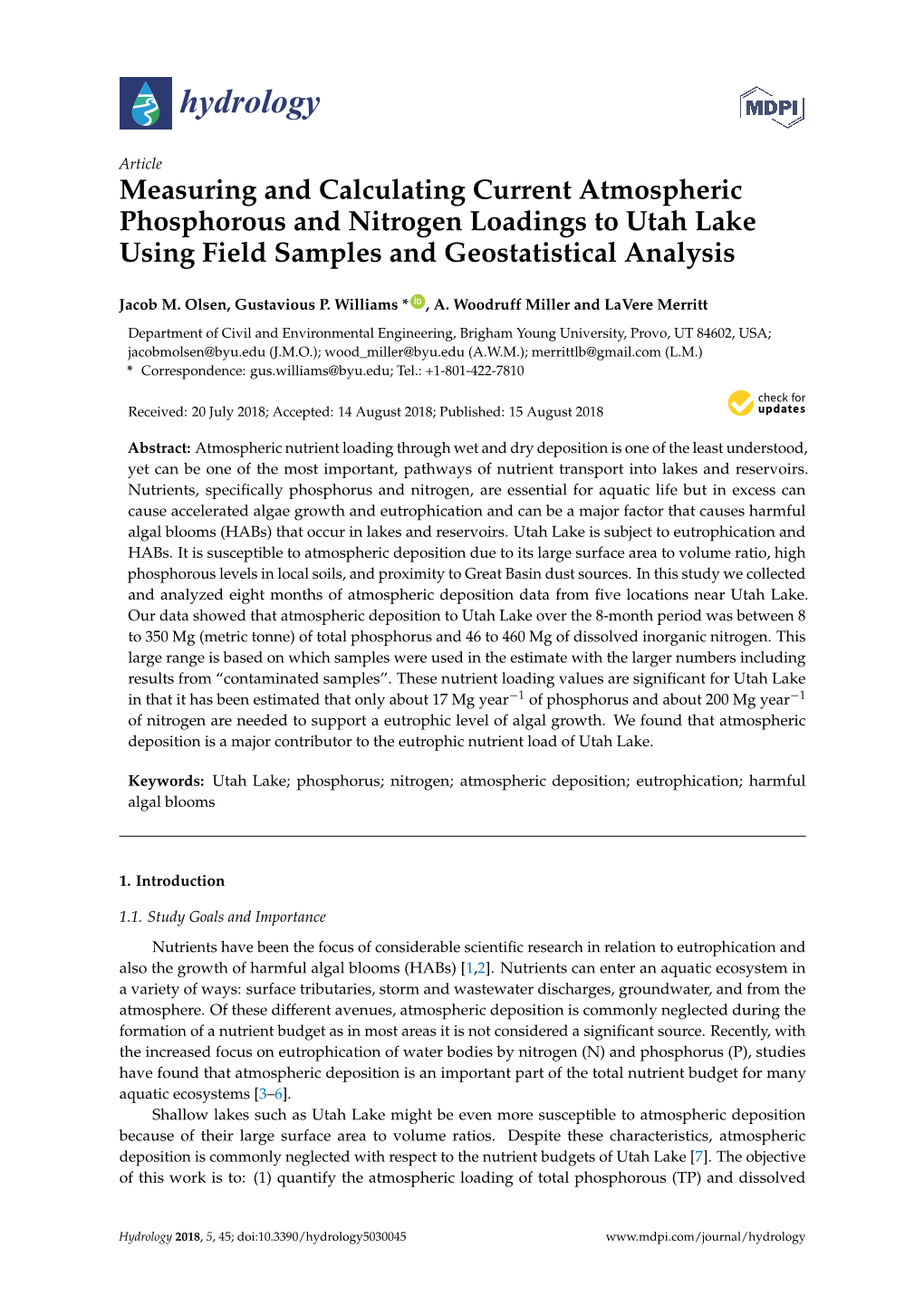 Measuring and Calculating Current Atmospheric Phosphorous and Nitrogen Loadings to Utah Lake Using Field Samples and Geostatistical Analysis