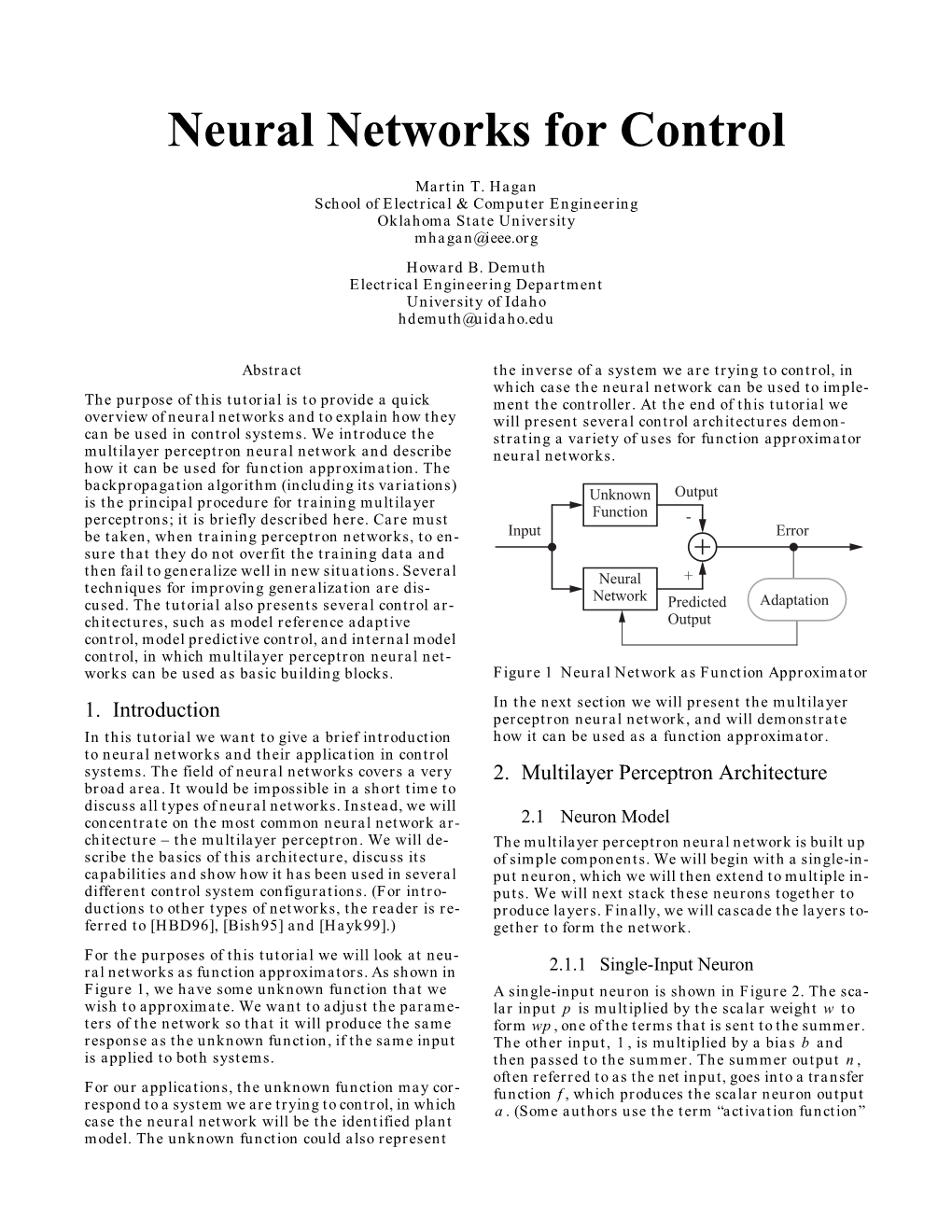 Neural Networks for Control