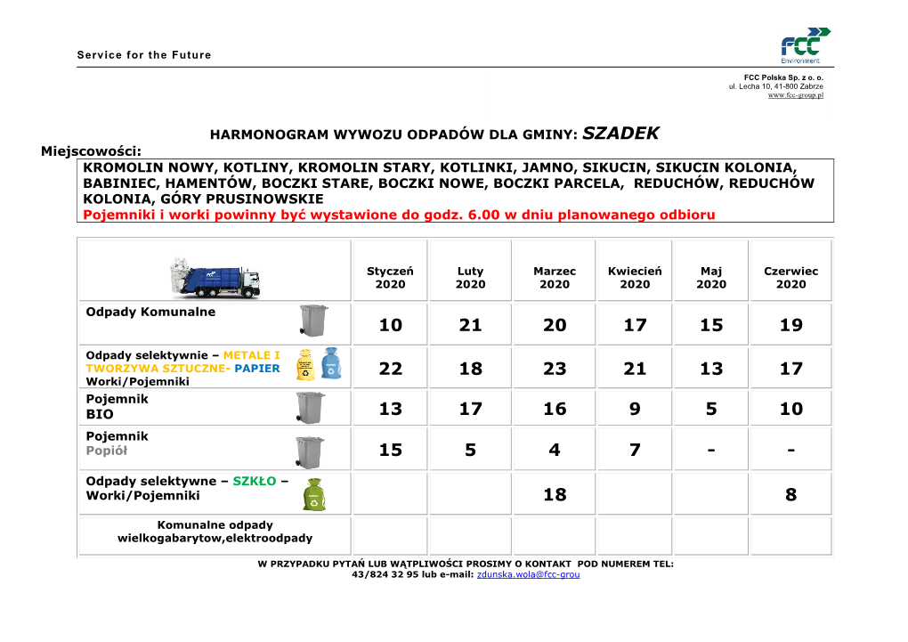 Harmonogram Wywozu Odpadów Dla Gminy: Szadek