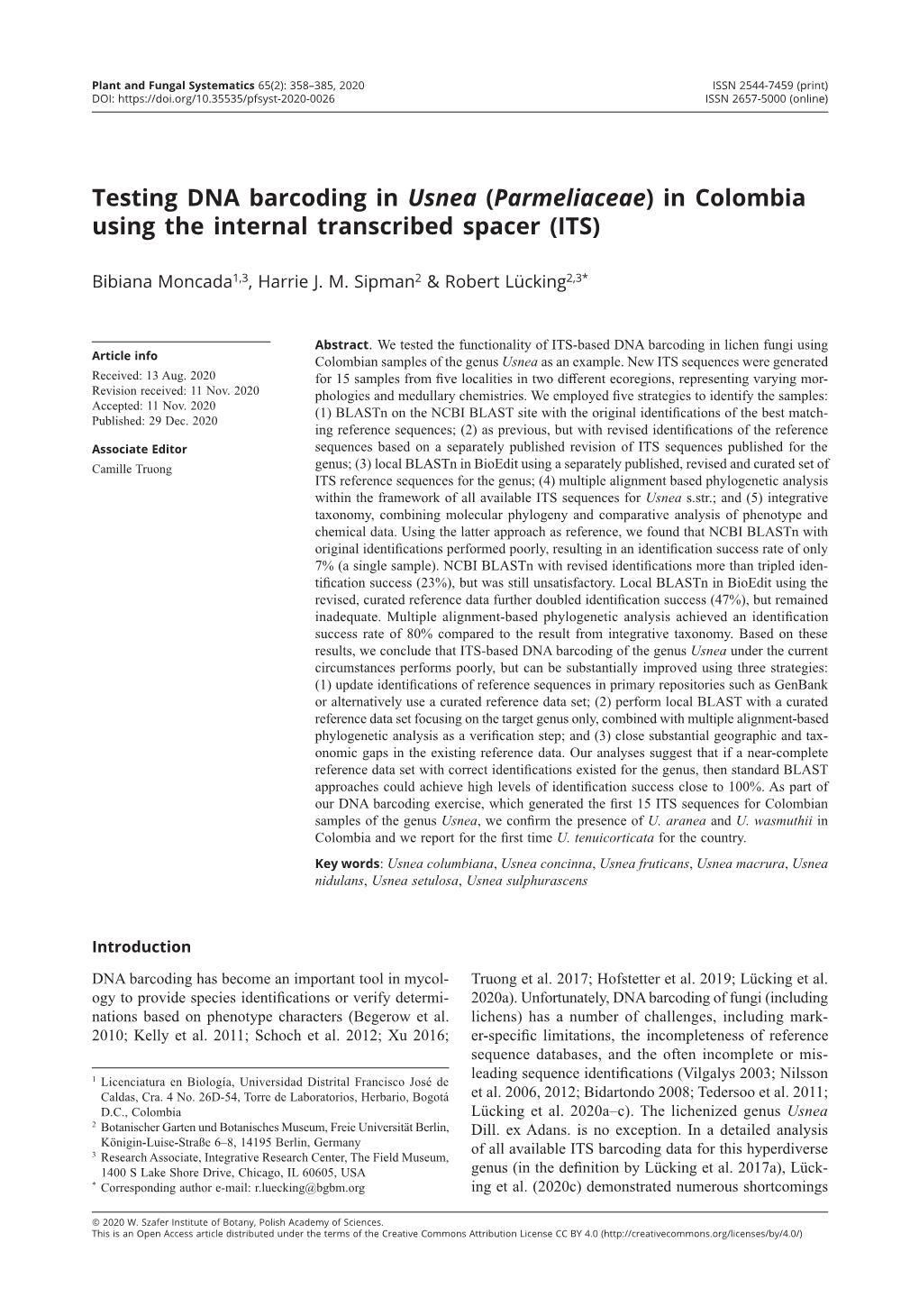 Testing DNA Barcoding in Usnea (Parmeliaceae) in Colombia Using the Internal Transcribed Spacer (ITS)