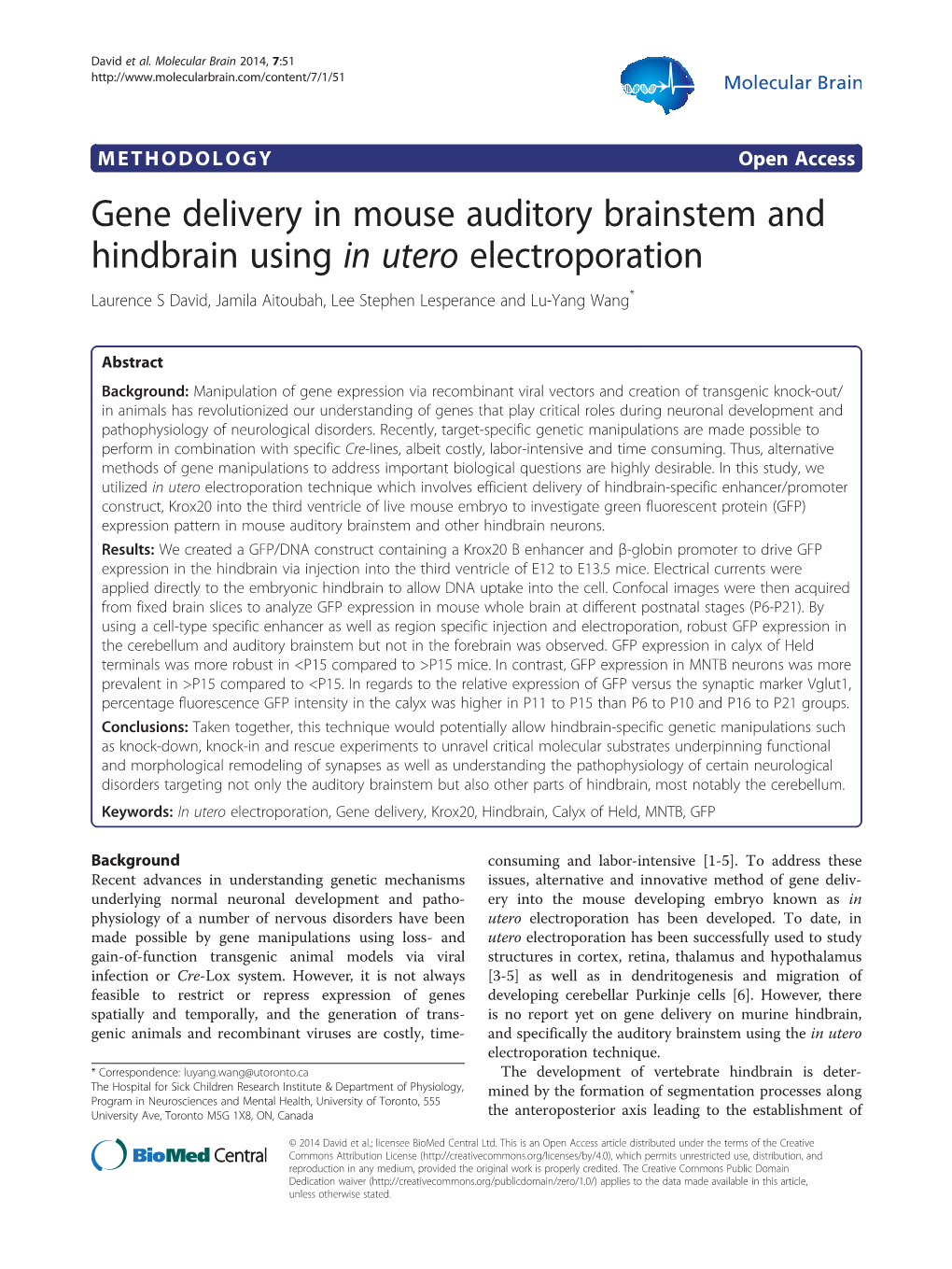 Gene Delivery in Mouse Auditory Brainstem and Hindbrain Using in Utero Electroporation Laurence S David, Jamila Aitoubah, Lee Stephen Lesperance and Lu-Yang Wang*