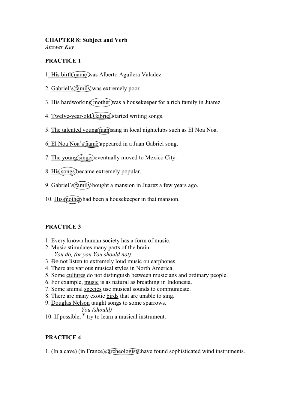 CHAPTER 8: Subject and Verb Answer Key PRACTICE 1 1. His