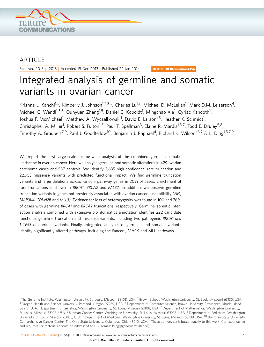 Integrated Analysis of Germline and Somatic Variants in Ovarian Cancer