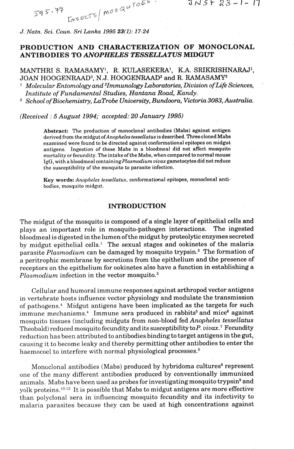 Production and Characterization of Monoclonal Antibodies to Anopheles Tessellatus Midgut