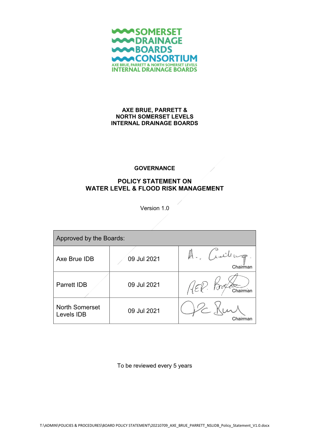 Policy Statement on Water Level & Flood Risk