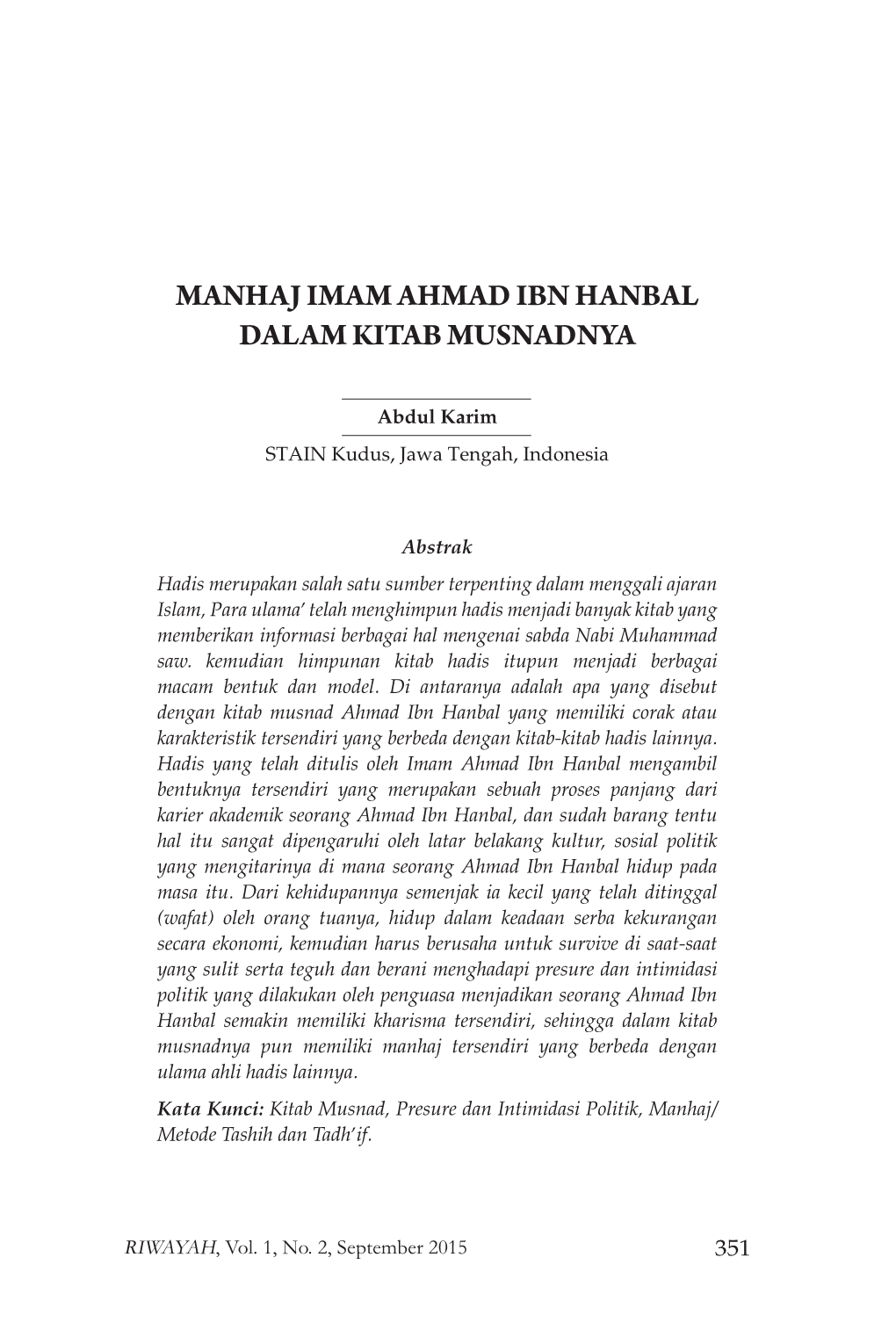 Manhaj Imam Ahmad Ibn Hanbal Dalam Kitab Musnadnya