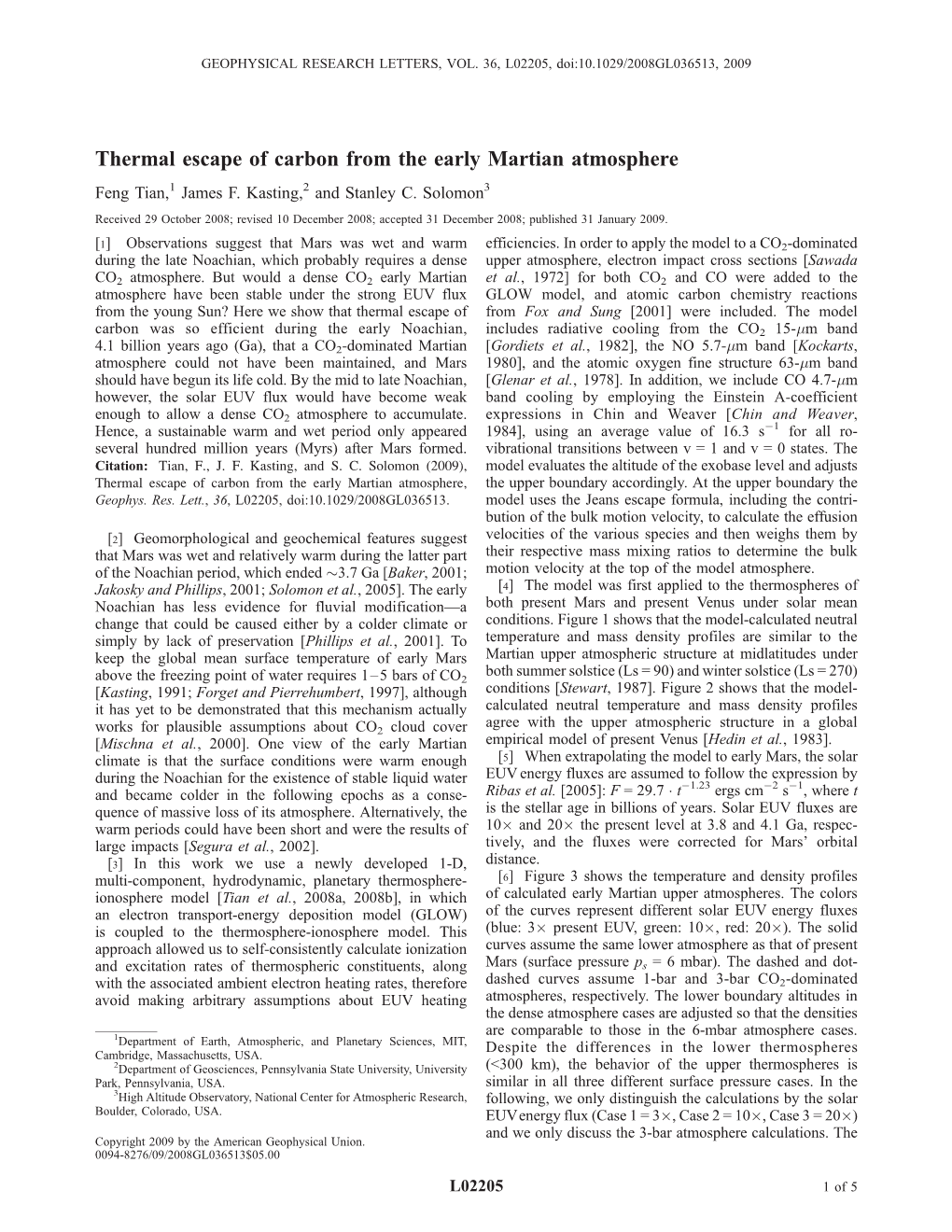 Thermal Escape of Carbon from the Early Martian Atmosphere Feng Tian,1 James F