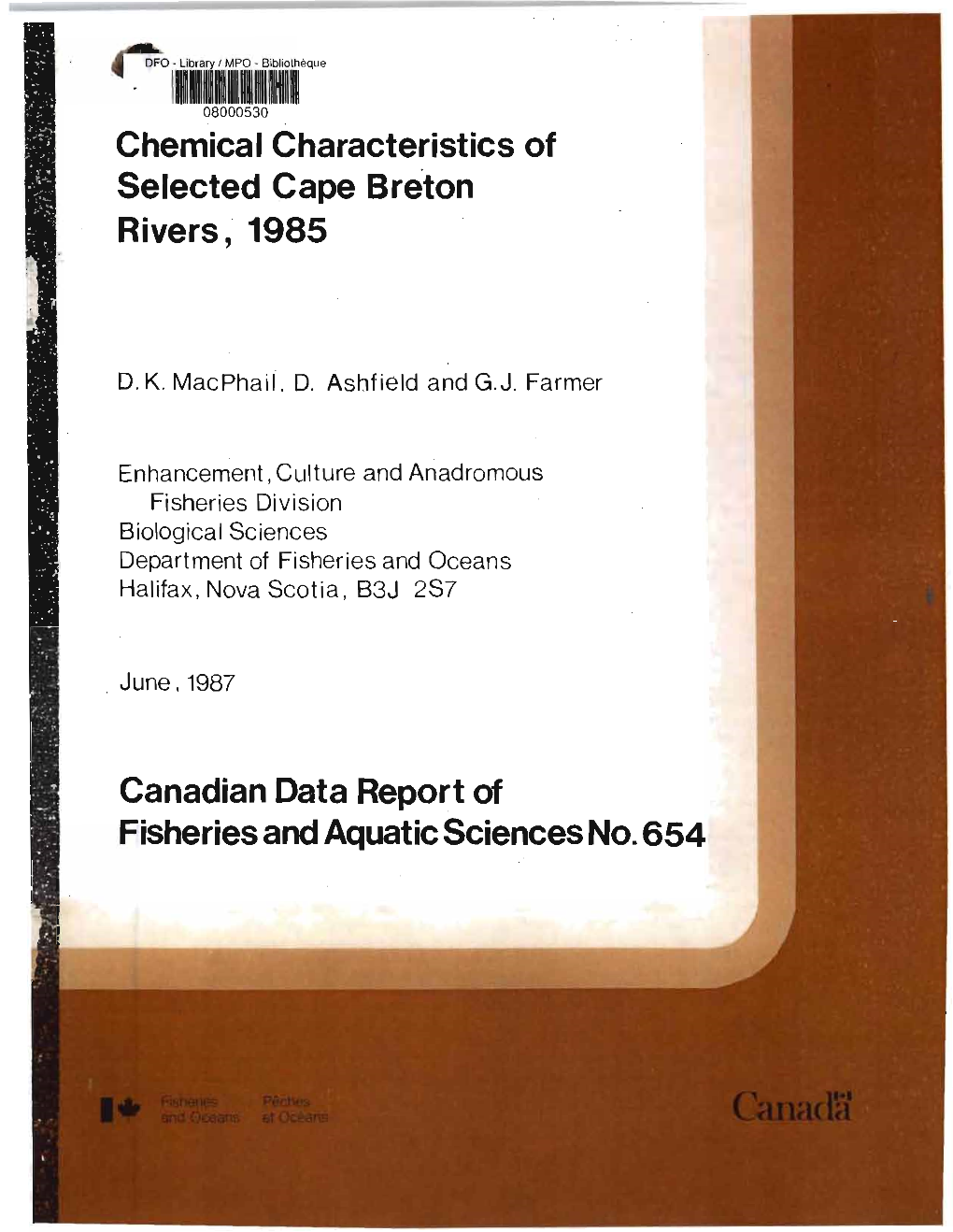 Chemical Characteristics of Selected Cape Breton Rivers, 1985 Canadian Data Report of Fisheries and Aquatic Sciences No