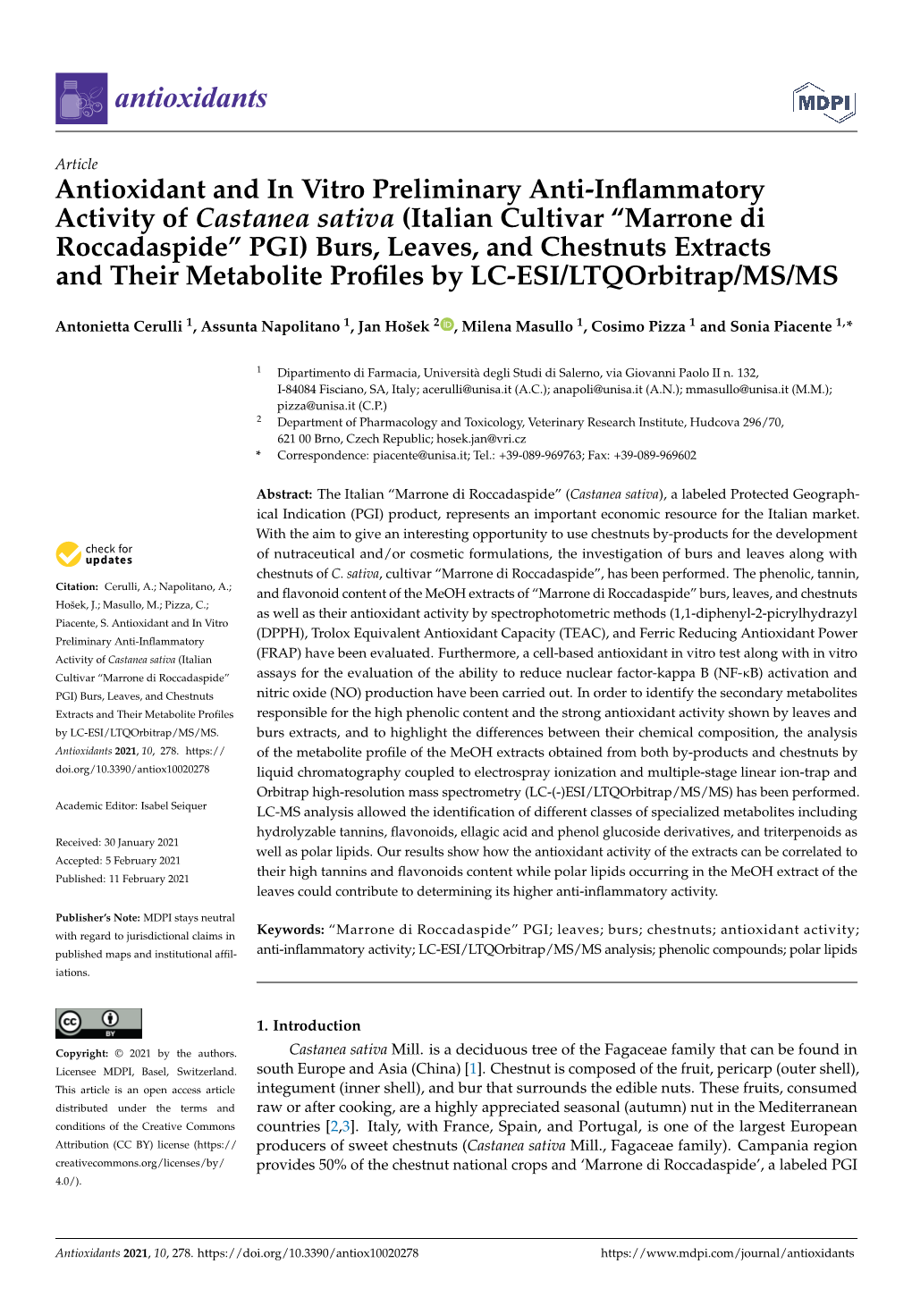 Antioxidant and in Vitro Preliminary Anti-Inflammatory