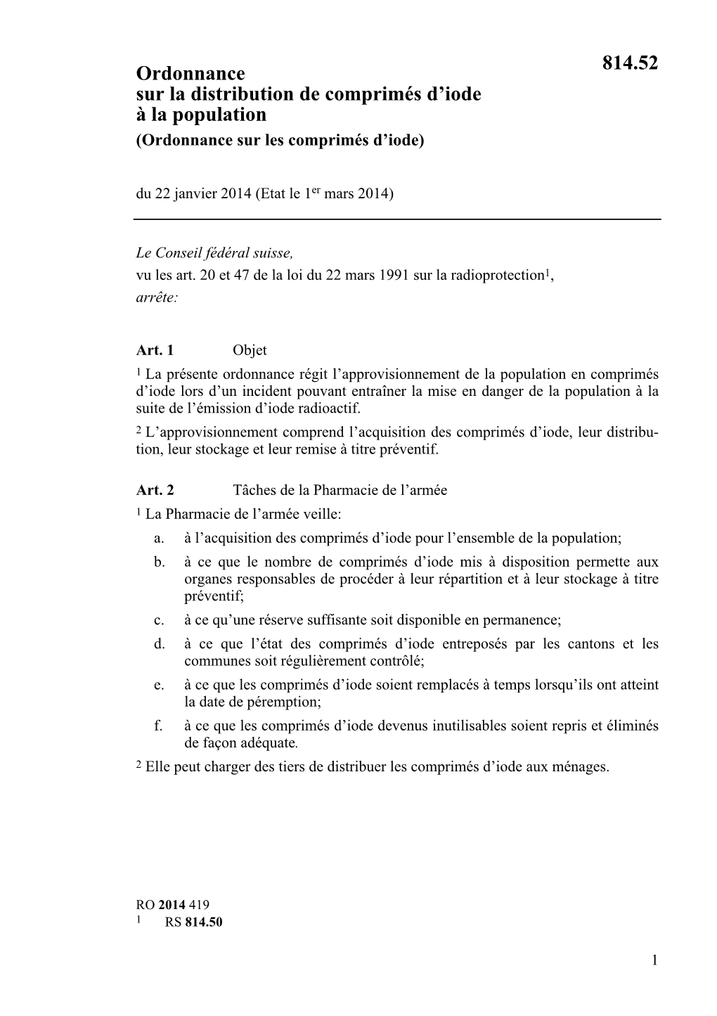 Ordonnance Sur La Distribution De Comprimés D'iode À La Population 814.52