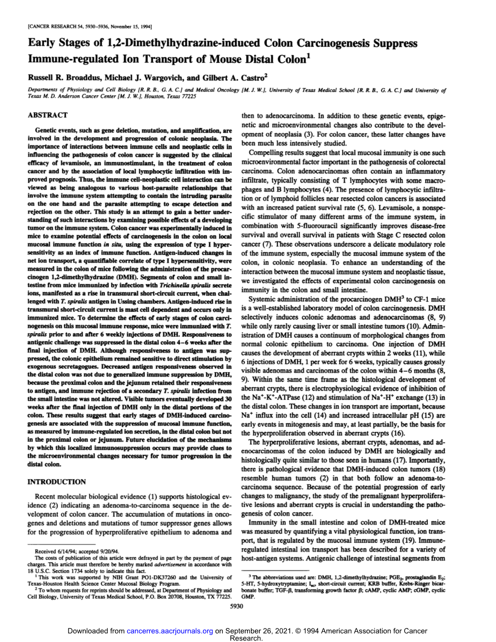 Early Stages of 1,2-Dimethylliydrazine-Induced Colon Carcinogenesis Suppress Immune-Regulated Ion Transport of Mouse Distal Colon1