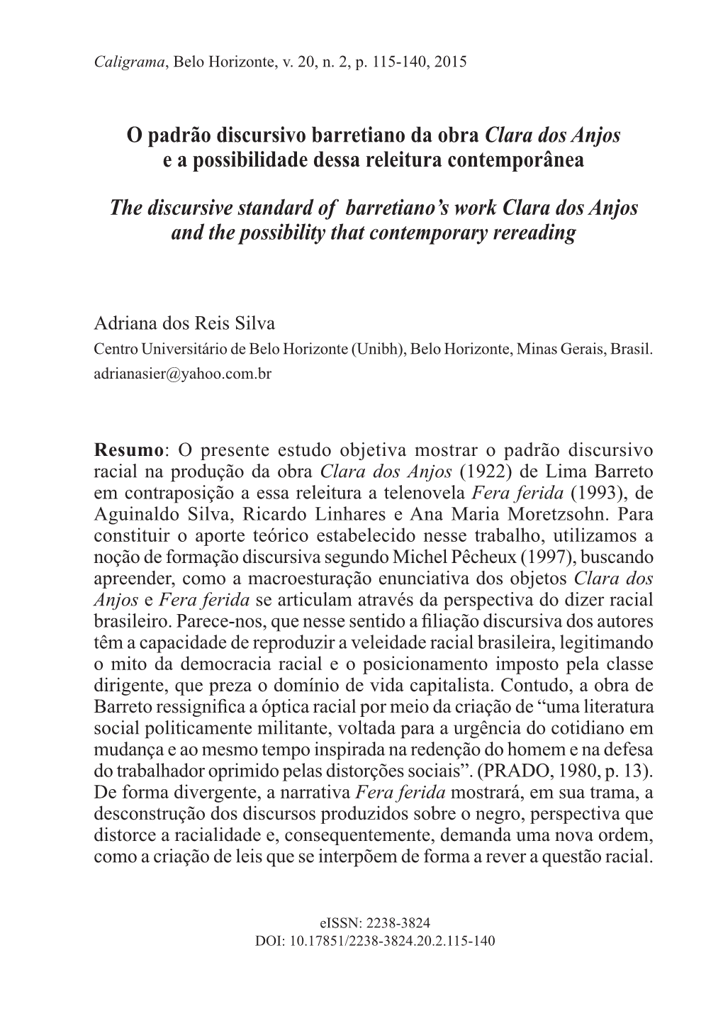 O Padrão Discursivo Barretiano Da Obra Clara Dos Anjos E a Possibilidade Dessa Releitura Contemporânea