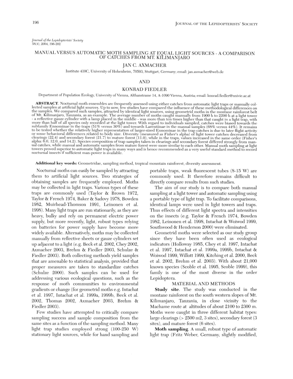 Manual Versus Automatic Moth Sampling at Equal Light Sources - a Comparison of Catches from Mt