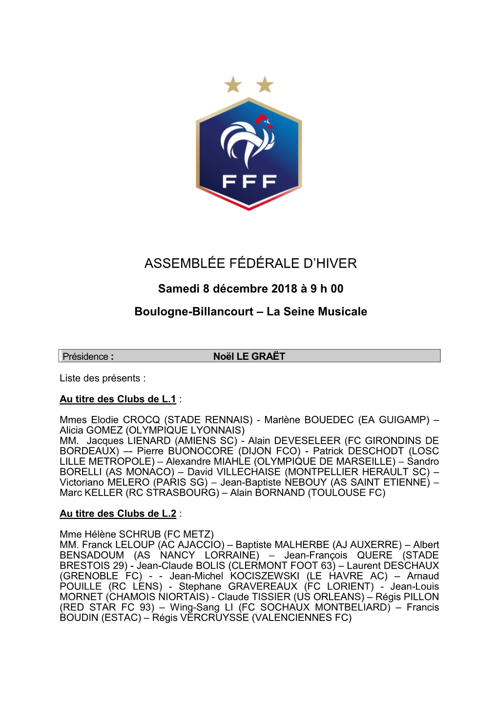 Procès Verbal De L'assemblée Fédérale De La FFF Du 8 Décembre 2018