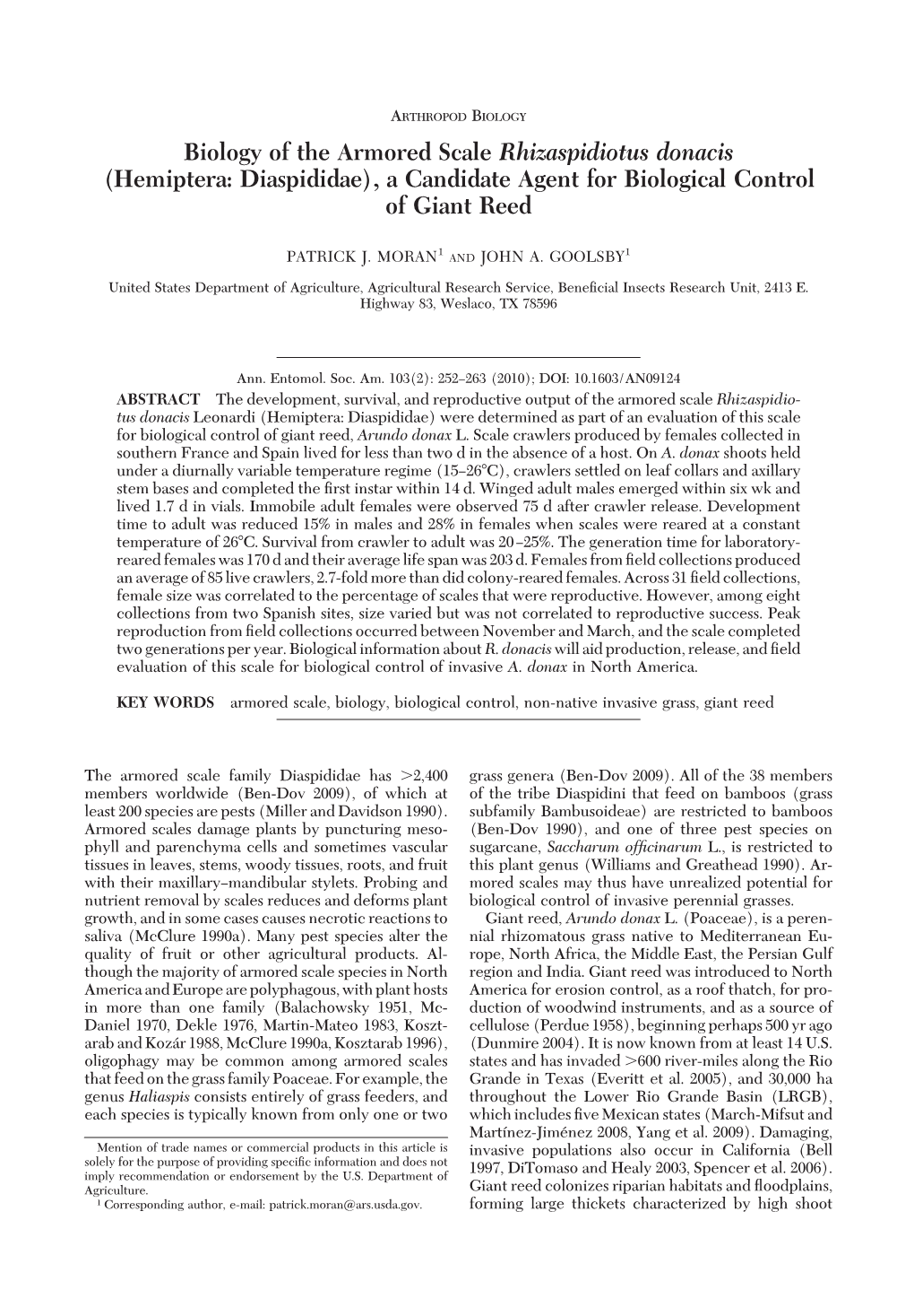 Biology of the Armored Scale Rhizaspidiotus Donacis (Hemiptera: Diaspididae), a Candidate Agent for Biological Control of Giant Reed