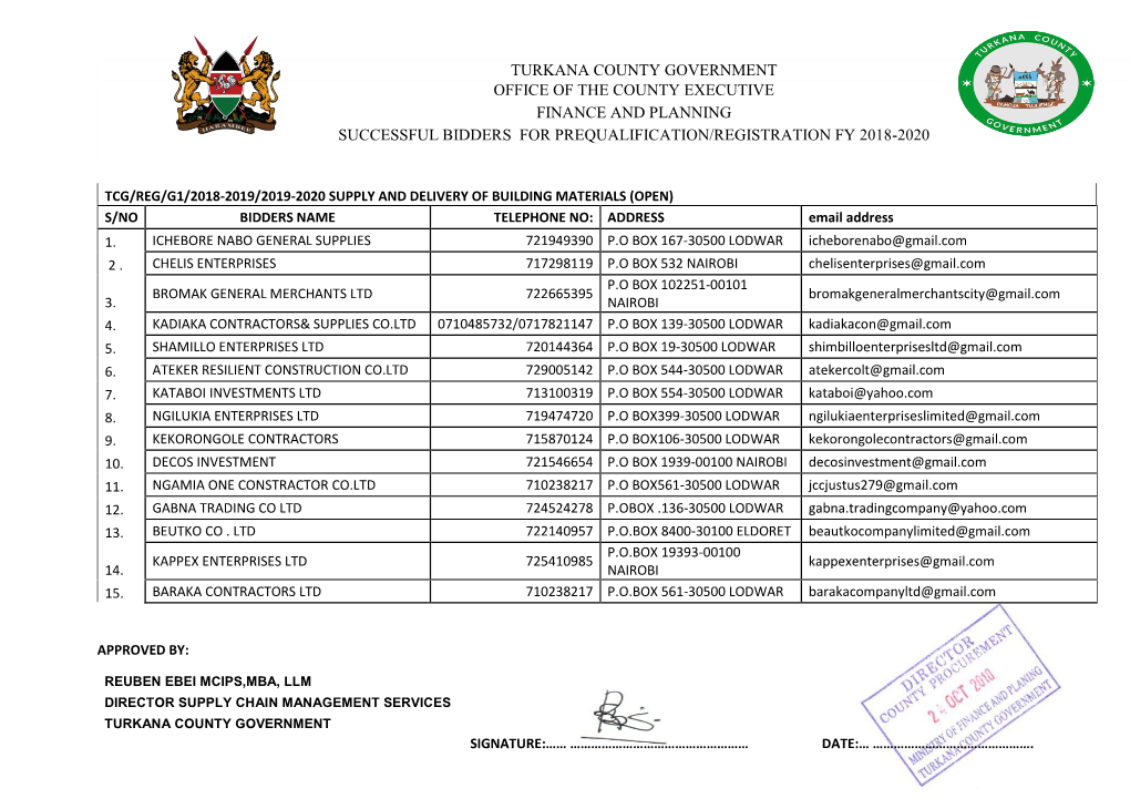 Turkana County Government Office of the County Executive Finance and Planning Successful Bidders for Prequalification/Registration Fy 2018-2020