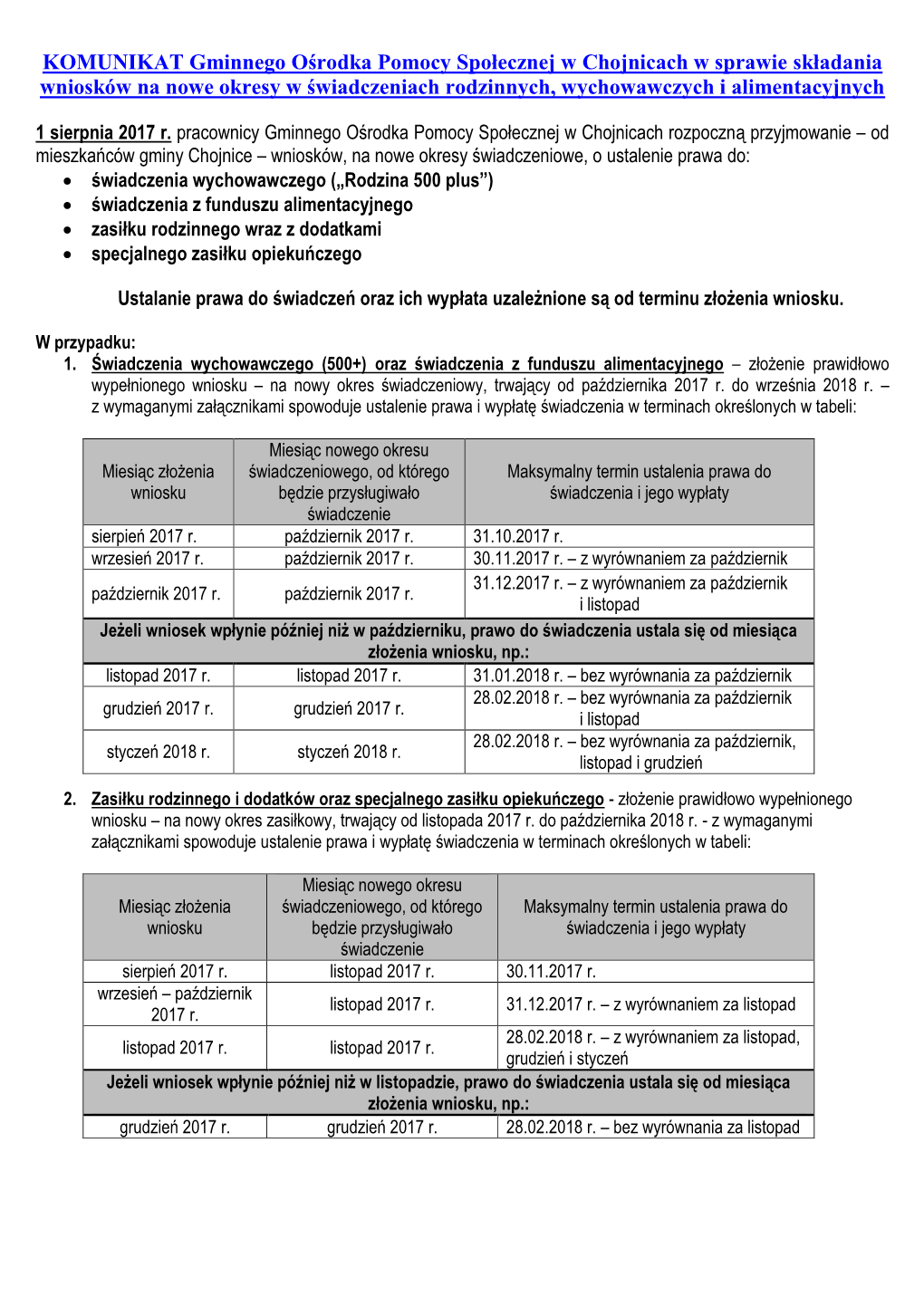 KOMUNIKAT Gminnego Ośrodka Pomocy Społecznej W Chojnicach W Sprawie Składania Wniosków Na Nowe Okresy W Świadczeniach Rodzinnych, Wychowawczych I Alimentacyjnych