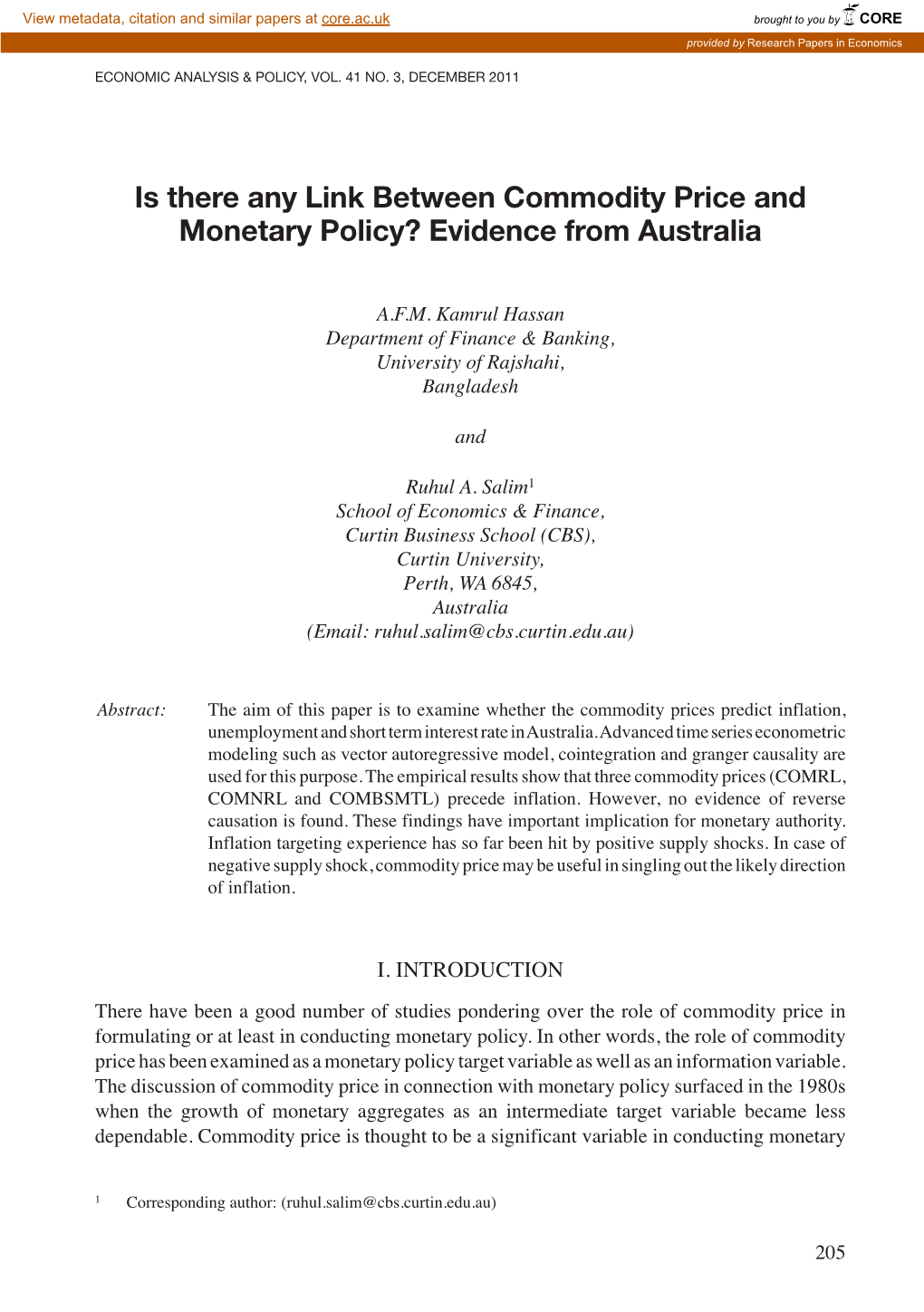 Is There Any Link Between Commodity Price and Monetary Policy? Evidence from Australia