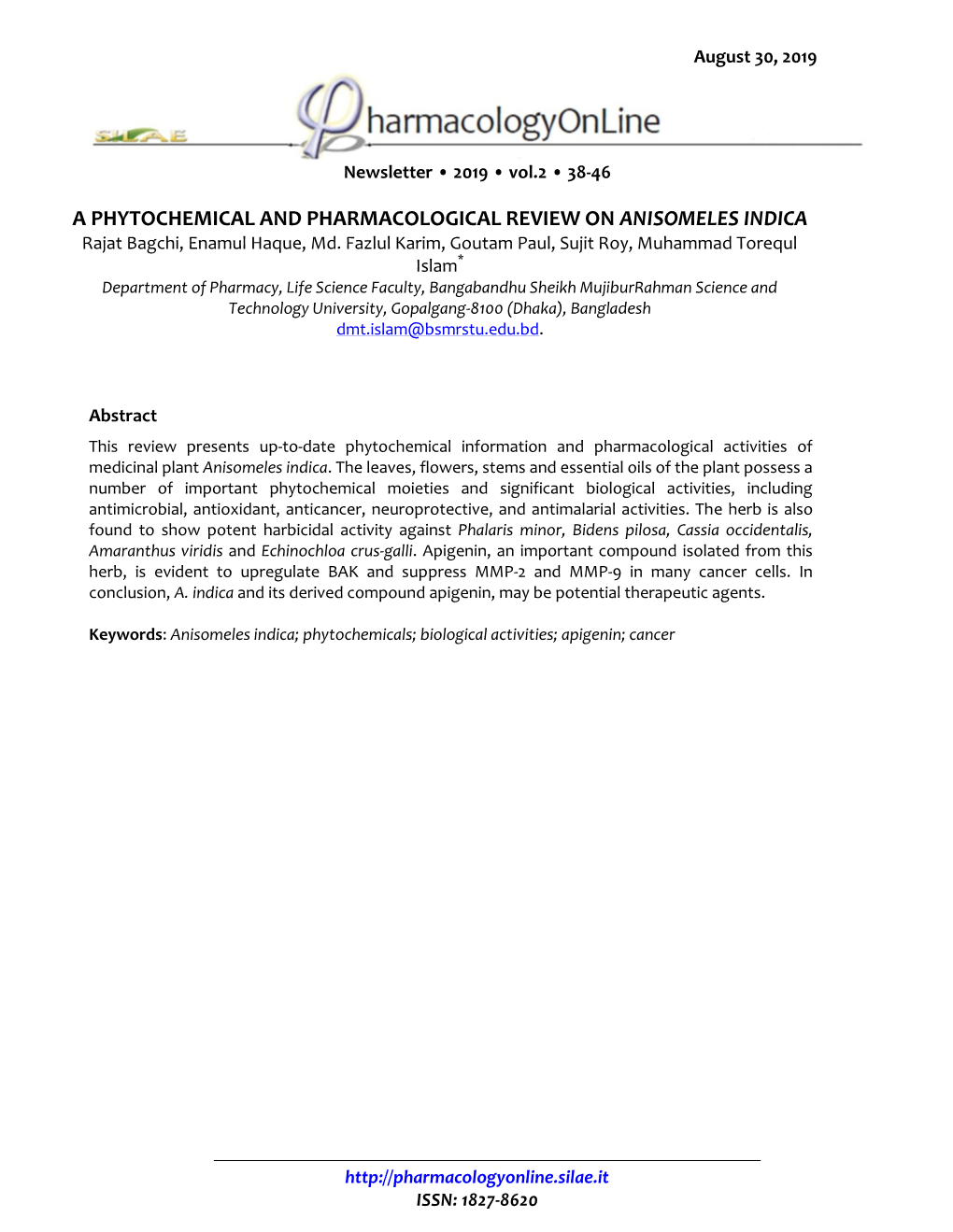 A PHYTOCHEMICAL and PHARMACOLOGICAL REVIEW on ANISOMELES INDICA Rajat Bagchi, Enamul Haque, Md