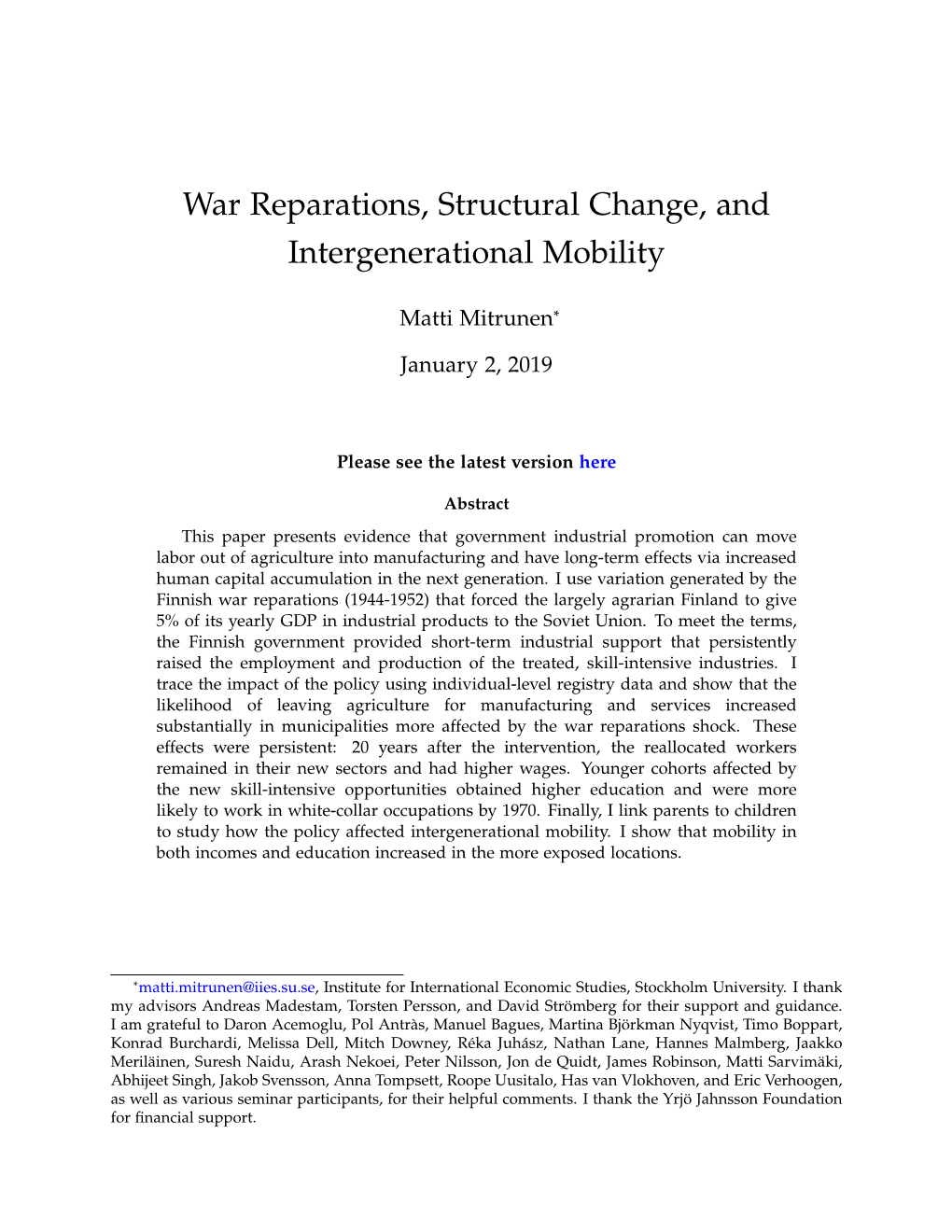 War Reparations, Structural Change, and Intergenerational Mobility