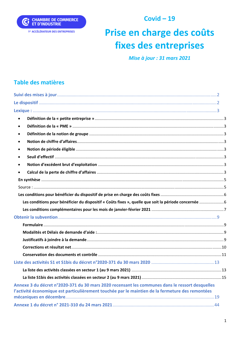 Prise En Charge Des Coûts Fixes Des Entreprises Mise À Jour : 31 Mars 2021