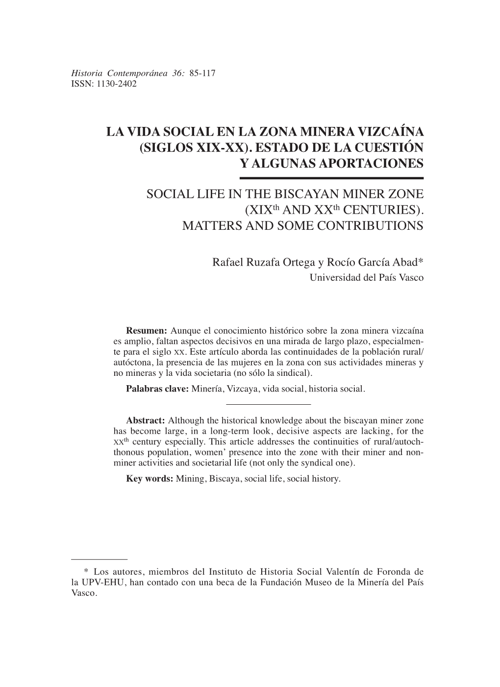 La Vida Social En La Zona Minera Vizcaína (Siglos Xix-Xx). Estado De La Cuestión Y Algunas Aportaciones