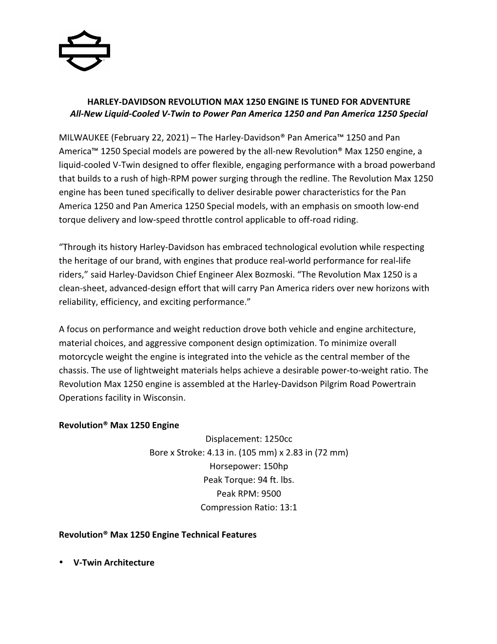 HARLEY-DAVIDSON REVOLUTION MAX 1250 ENGINE IS TUNED for ADVENTURE All-New Liquid-Cooled V-Twin to Power Pan America 1250 and Pan America 1250 Special