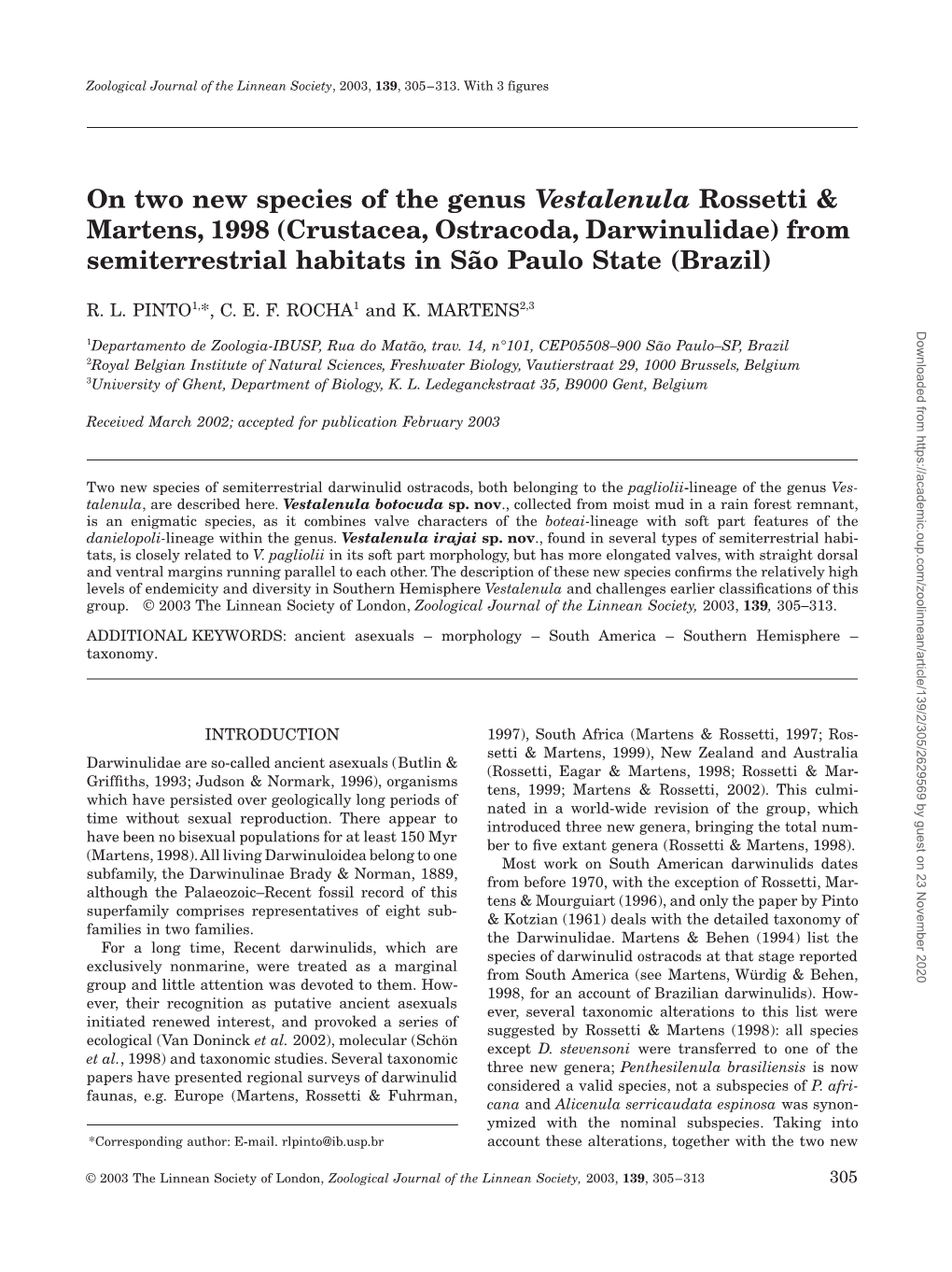 Crustacea, Ostracoda, Darwinulidae) from Semiterrestrial Habitats in São Paulo State (Brazil)