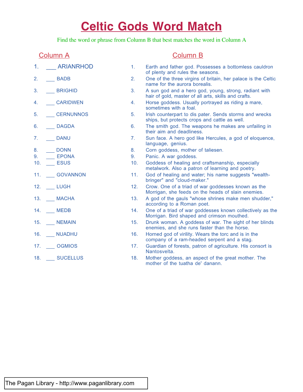 Celtic Gods Word Match Find the Word Or Phrase from Column B That Best Matches the Word in Column A