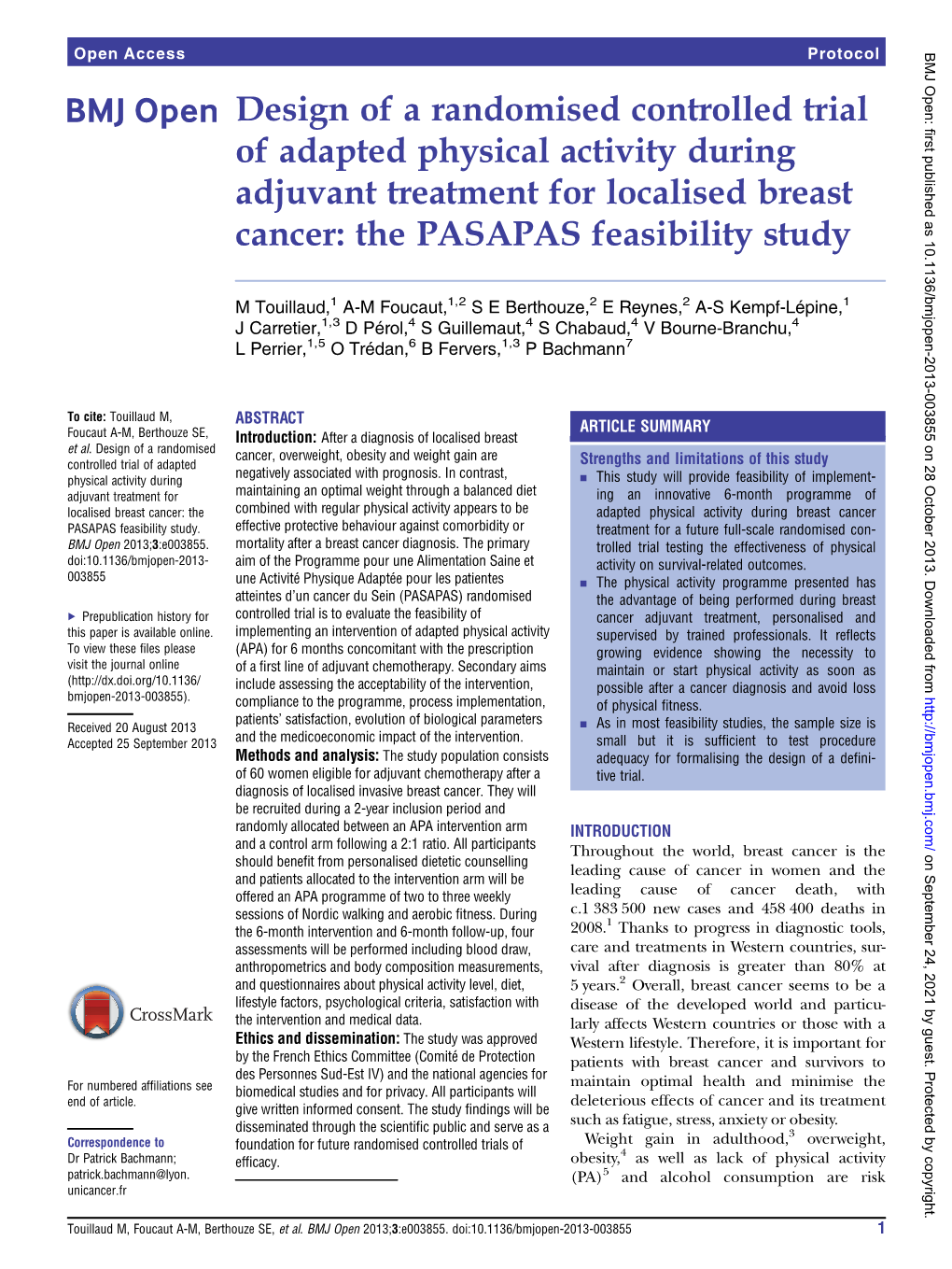 Design of a Randomised Controlled Trial of Adapted Physical Activity During Adjuvant Treatment for Localised Breast Cancer: the PASAPAS Feasibility Study