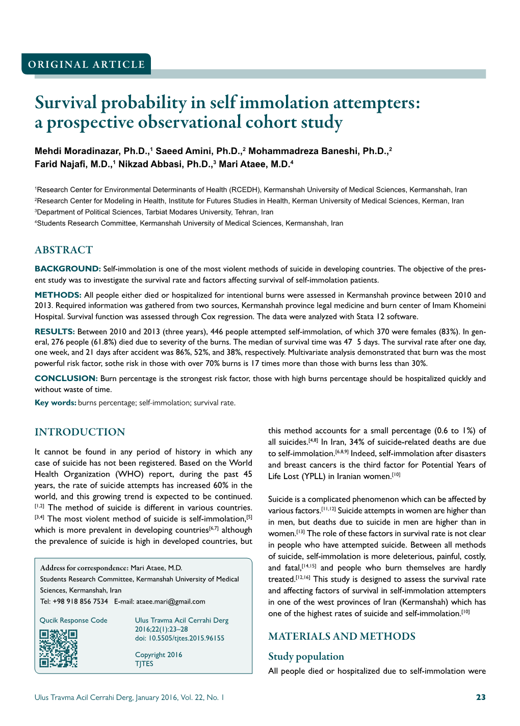 Survival Probability in Self Immolation Attempters: a Prospective Observational Cohort Study